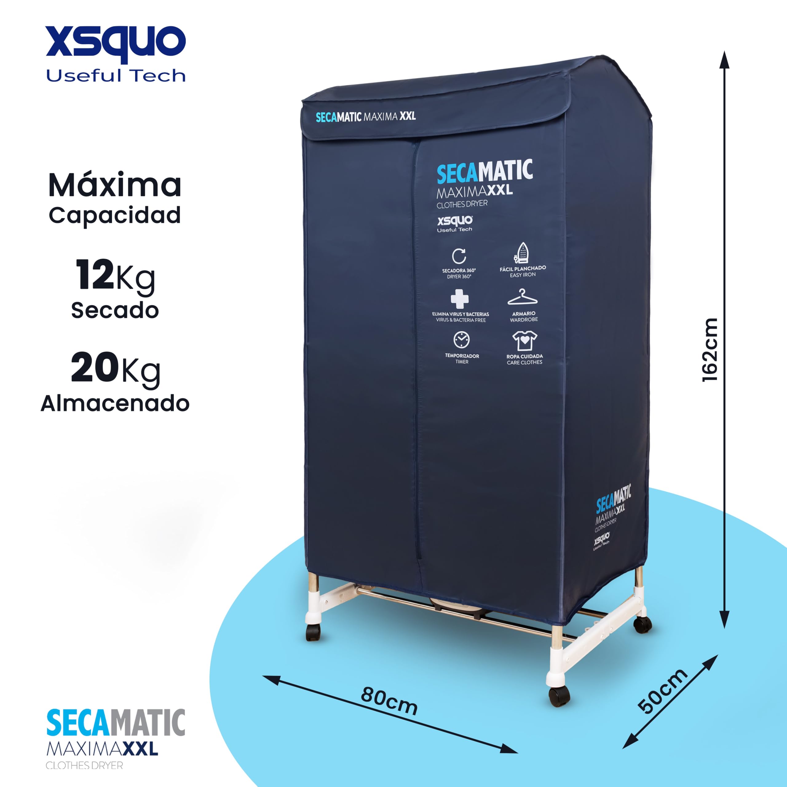 Secamatic Wäschetrockner Maximal XXL pro Belüftung, 1200 W, Trocknerkapazität 15 kg und 30 kg Wäscheständer und Schrank, Timer 180 min, leise, Multifunktion: