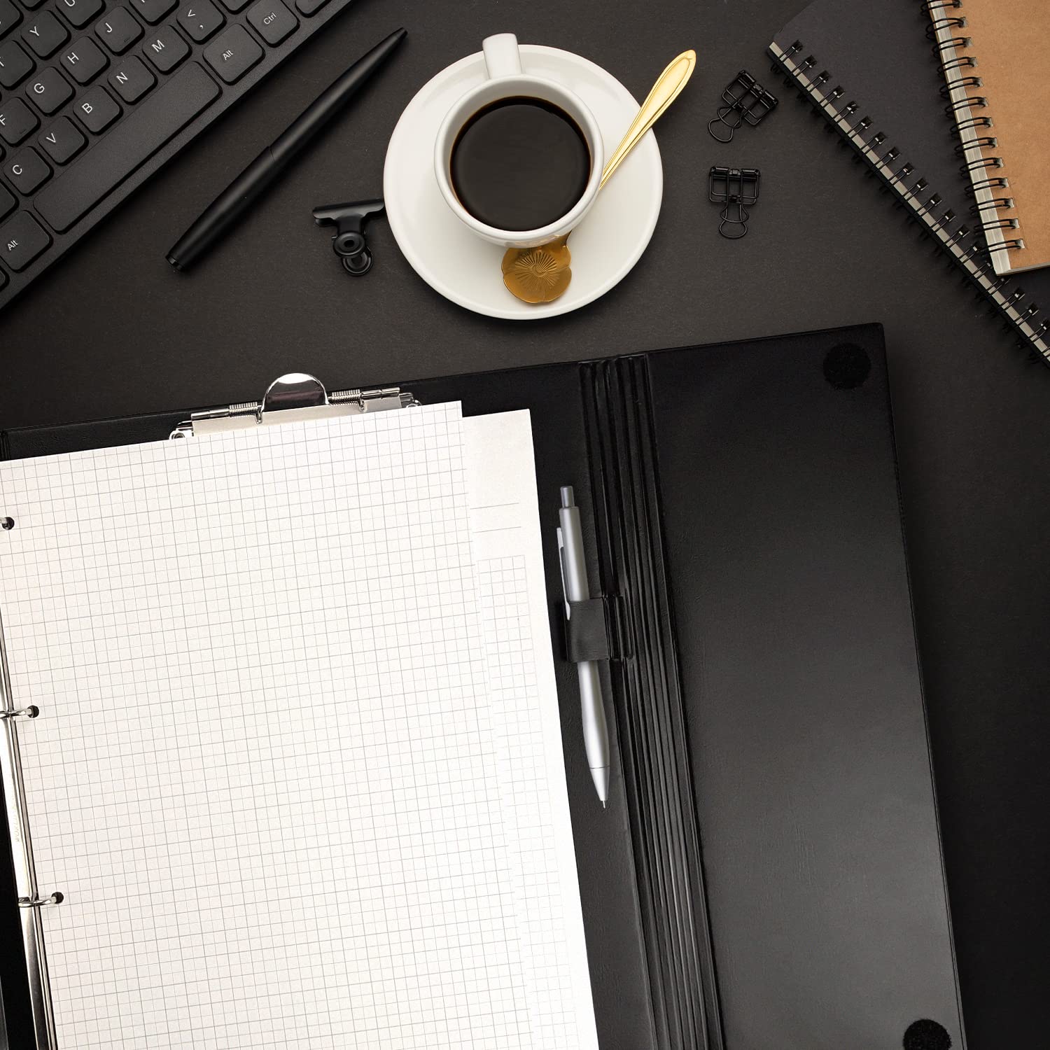 Netuno 1x Dokumentenmappe A4 Schwarz Klemmbrettmappe mit 4 Ring-Mechanik Dokumentenordner Büroordner Briefordner office folder organiser Dokumententasche Aktenmappe Fächermappe Konferenzmappe