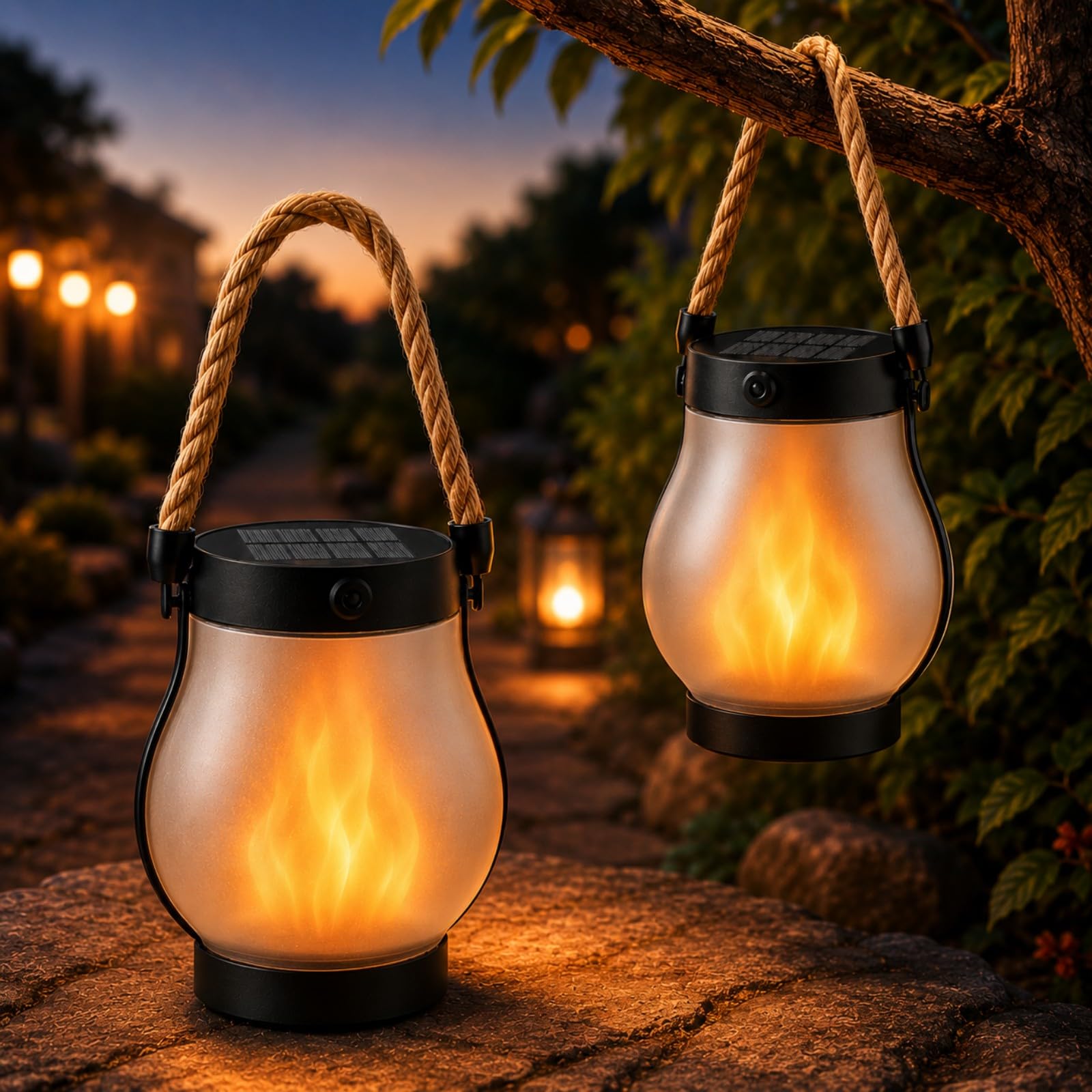 Solar Flame Lantern Outdoor Lights, Waterproof Hanging Lantern with Dancing Flickering Flame, Decorative Garden Light for Patio, Yard, Pathway & Outside Decor (Flame (2-Piece Set))