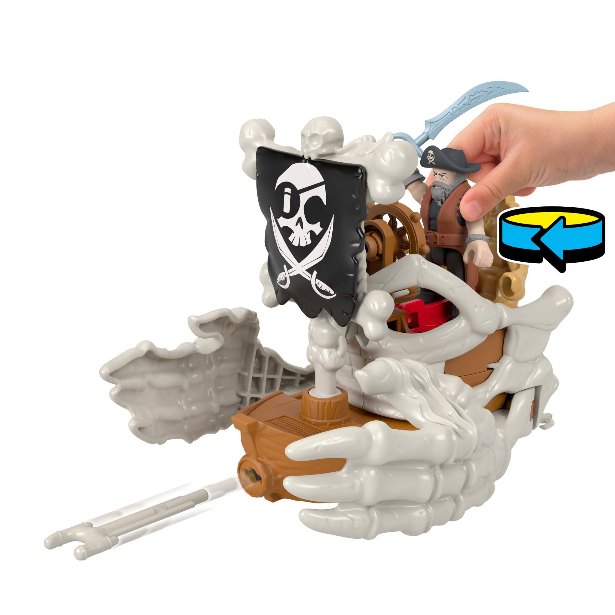 Imaginext - La Nave Di Billy Bones, nave giocattolo con mani scheletriche e lanciatore, il set include 3 personaggi, 2 creature marine e 7 accessori a tema, JLC51