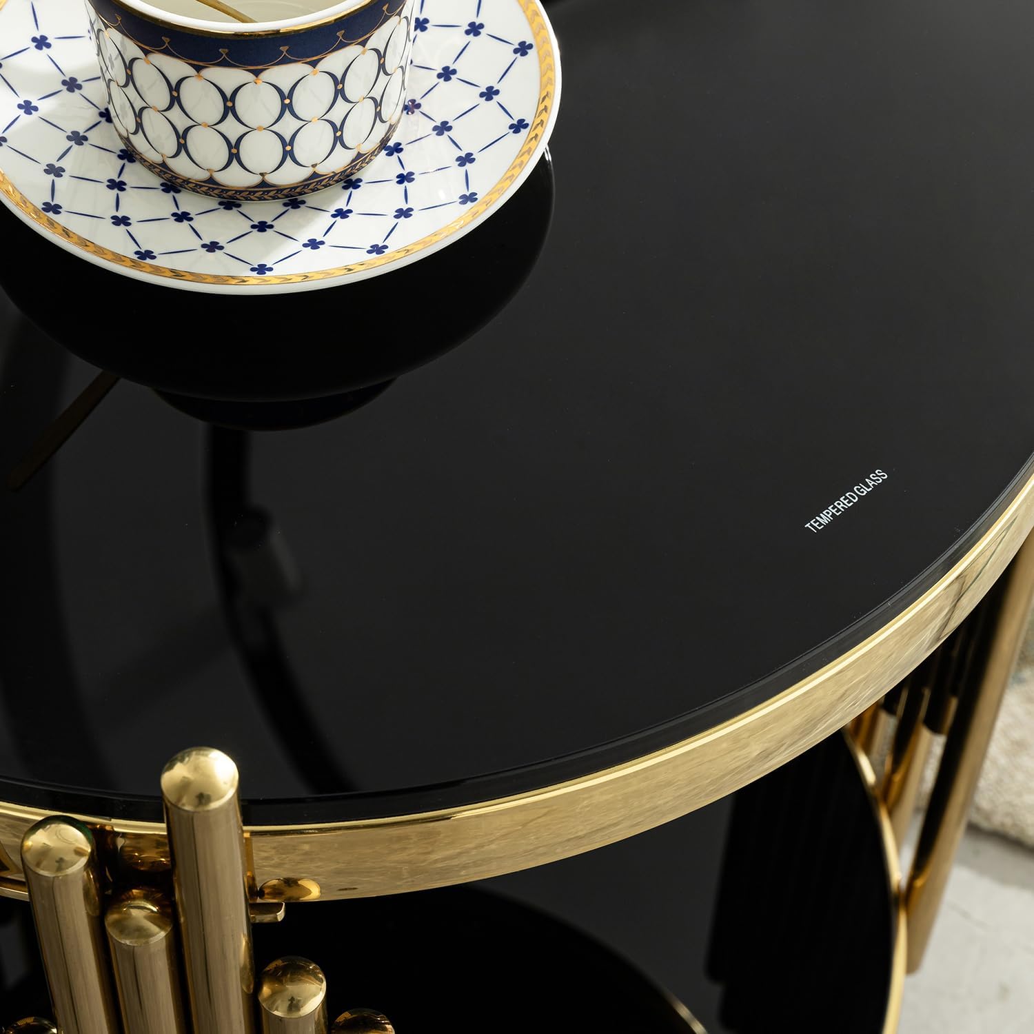 Magipa17.72 Round Sofa Side Table, End Table with 2-Tier Black Tempered Glass and Gold Stainless Steel Frame for Living Room, Office & Café