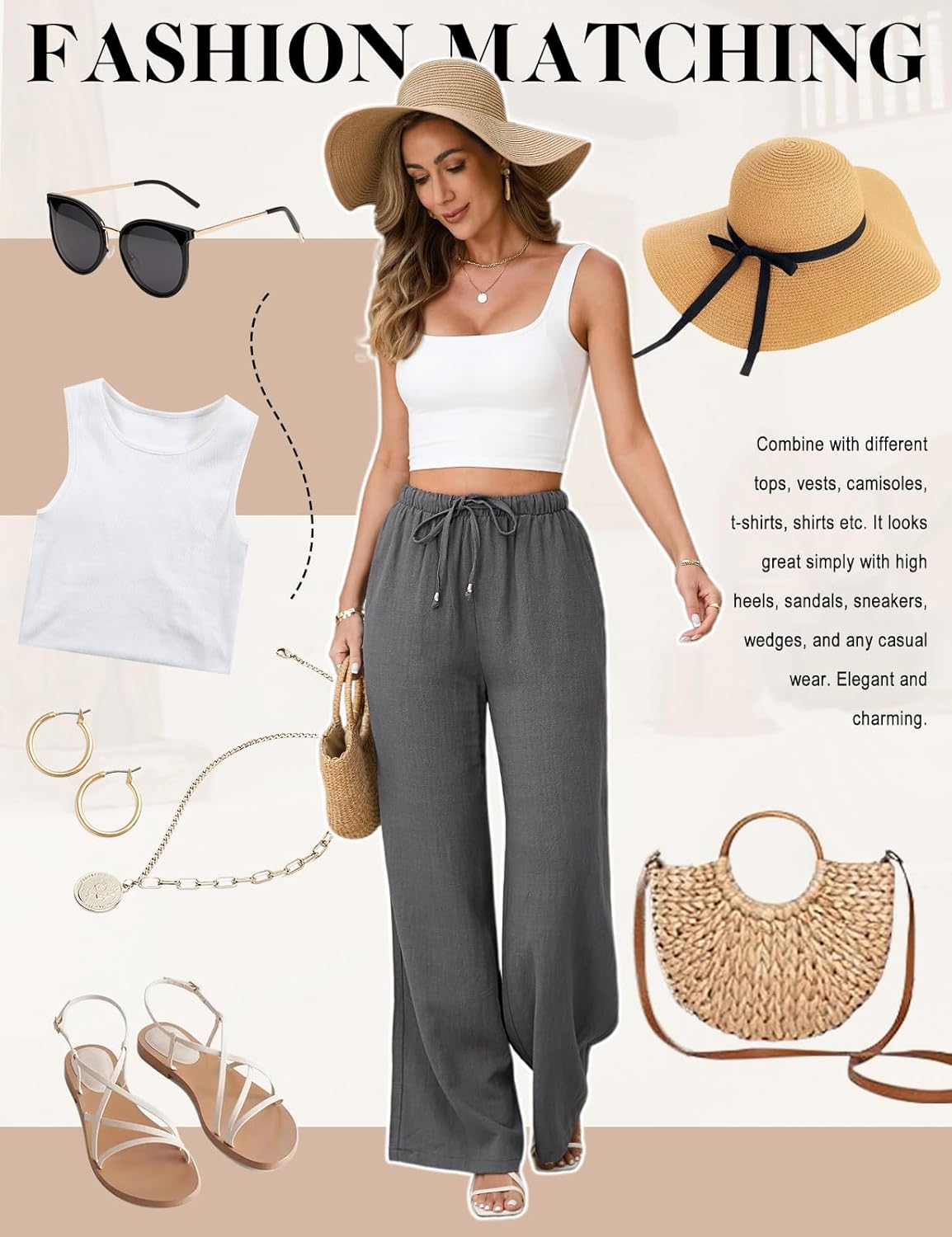 Womens Linen Pants High Waisted Wide Leg Trousers Summer Palazzo Casual Pant Flowy Drawstring Beach Pants - Image 7