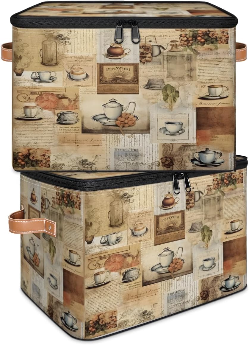 Storage Bin Set of 2 Newspaper Tea Storage Basket with Zipper Lid & Handle Foldable Closet Shelf 2 Pack Cloth Organizer Basket Cube Bins Clothes Organizer for Nursery, Bedroom