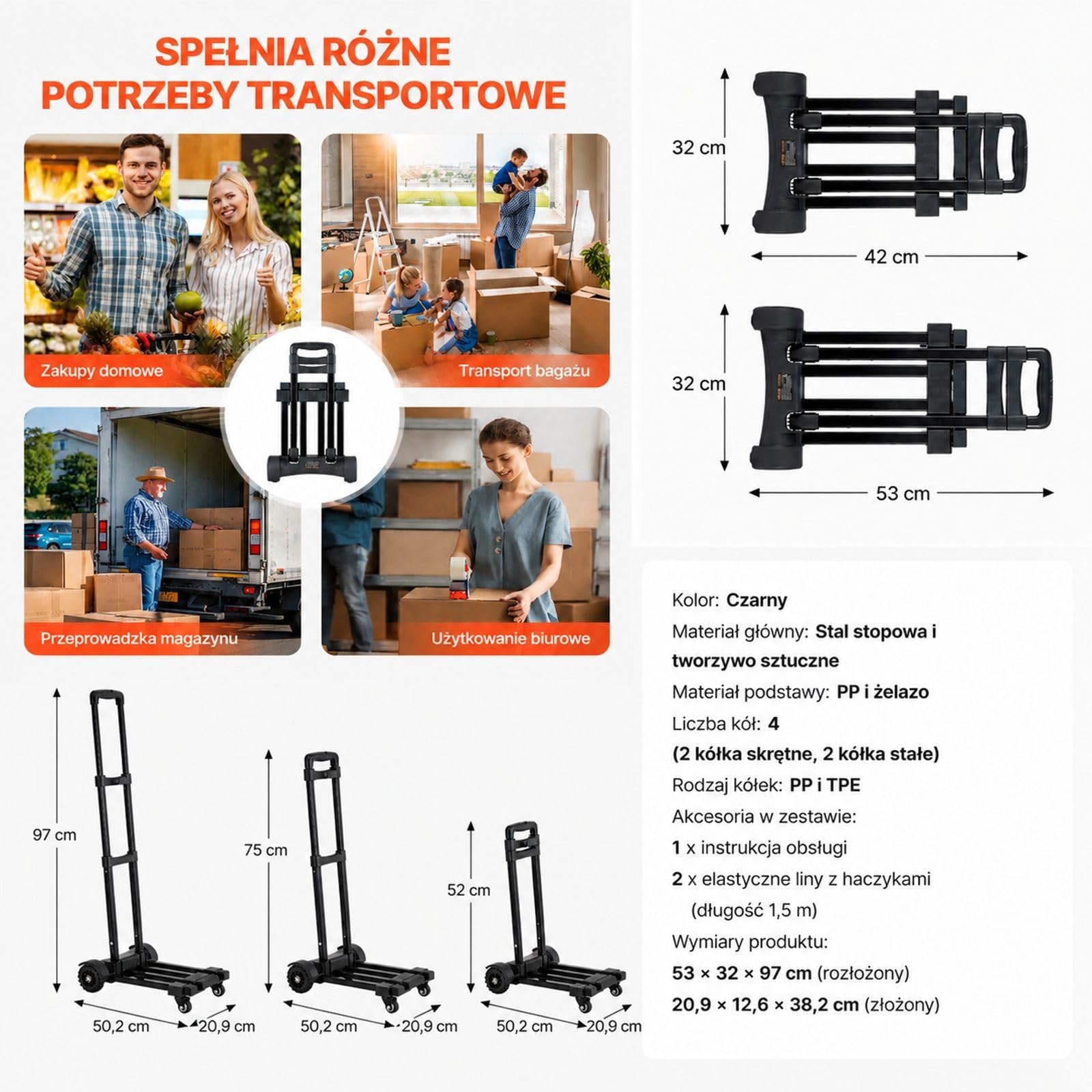Składany wózek transportowy na 4 kołach z wysuwaną podstawą, regulowanym uchwytem i 2 elastycznymi linami, czarny