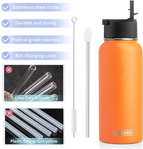 Miniatura 7 de koodee Botella de agua con pajita, acero inoxidable de 32 onzas, con aislamiento al vacío, botella de agua deportiva de metal sin BPA (amarillo