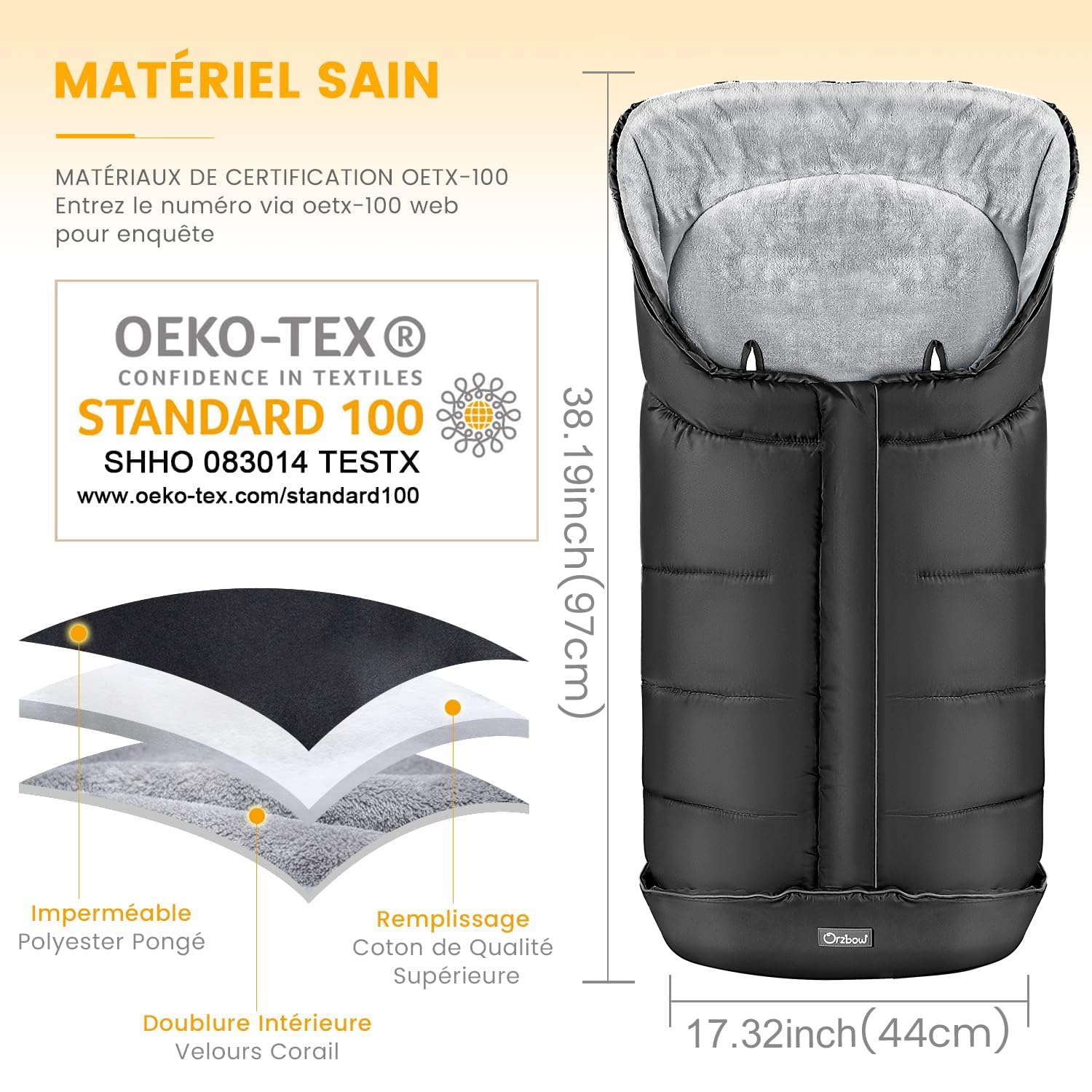 Orzbow Chanceliere Bebe Poussette, Imperméable Chanceliere Universelle pour Poussette, Polaire Coral, Bandes Réfléchissantes, Fermeture Éclair et Antidérapante (Noir)