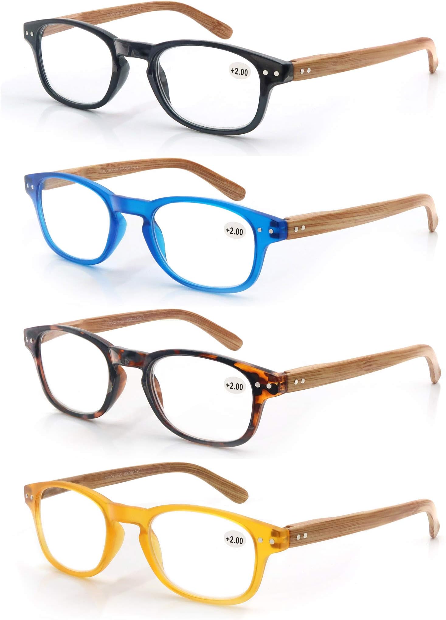 MODFANS 4 Pack Reading Glasses 1.0 Fashion Wood-Look Spring Hinges Stylish Readers Men Women