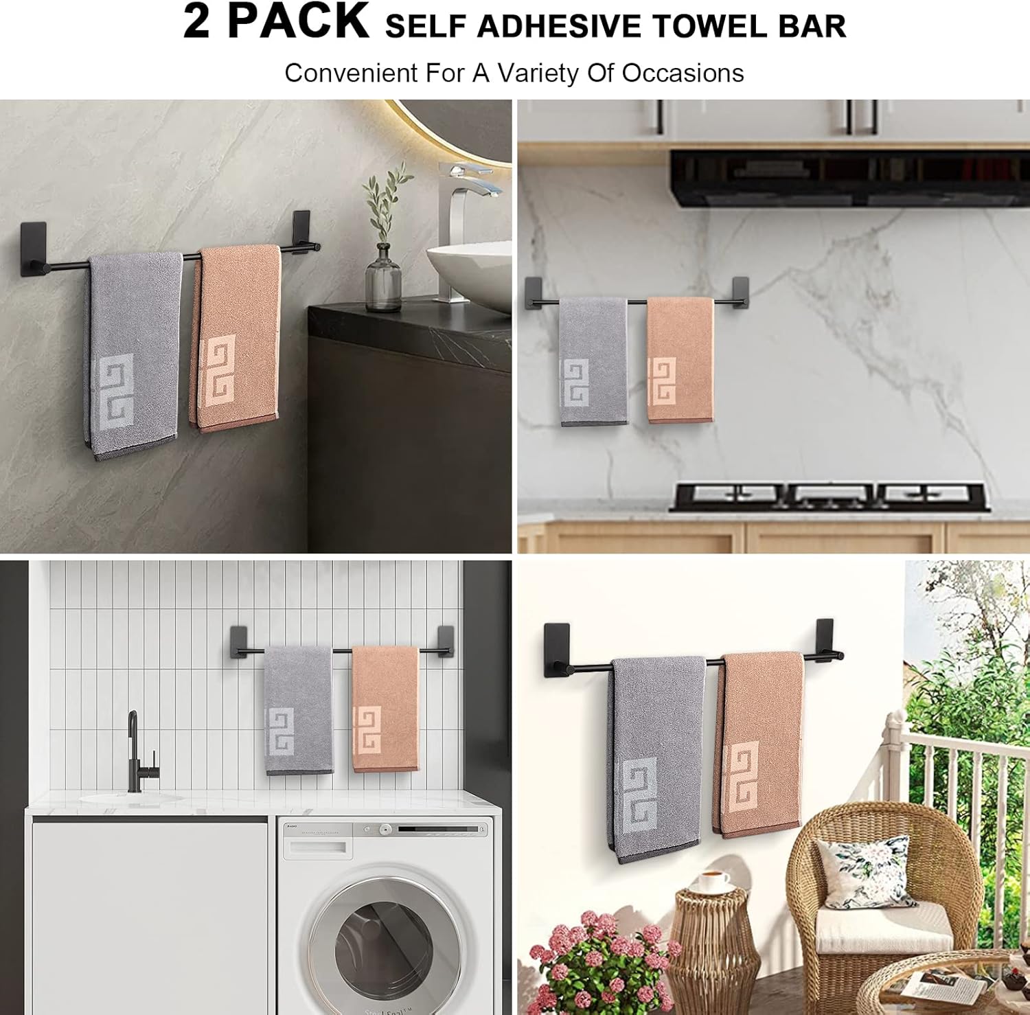 NearMoon Self Adhesive Bathroom Towel Bar- Stainless Steel Bath Wall Shelf Rack Hanging Towel Stick On Sticky Hanger Contemporary Style, NO Drilling (2 Pack, Matte Black, 24-Inch Towel Rack)