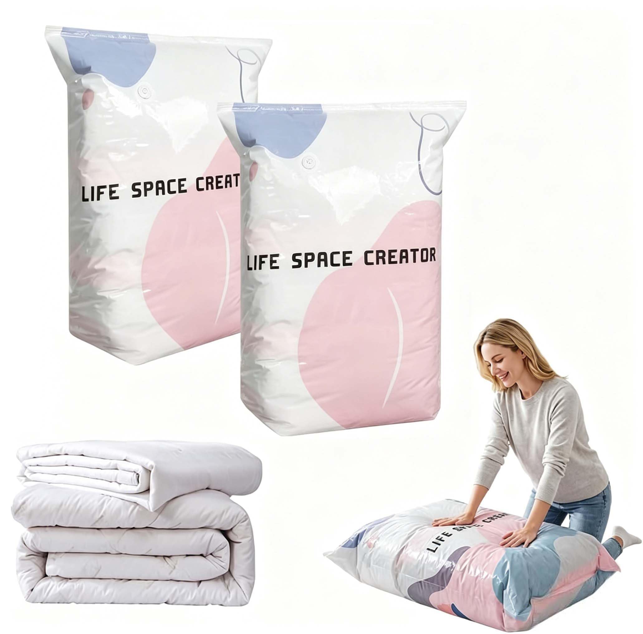 2Pcs No‑Pump Vacuum Storage Bags, Large Cube Vacuum Seal Bags, Press & seal, No Pump Needed, for Jumbo Clothes Bedding,Comforters,Off‑Season Gear (L,100 * 80 * 38 cm)