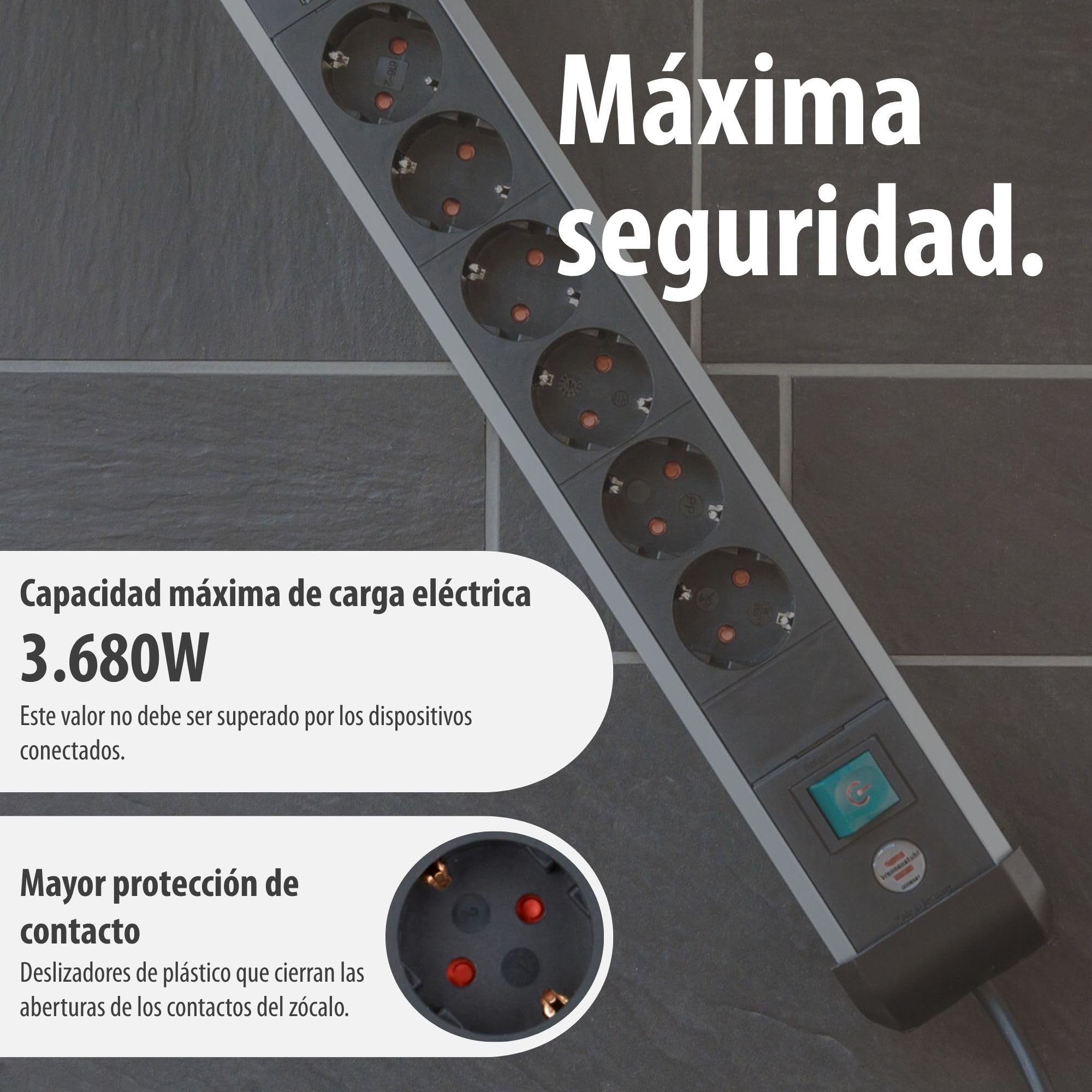 Brennenstuhl Premium-ALU-Line regleta de 6 enchufes con USB C PD 30W y USB A 18W de Aluminio (Fabricado en Alemania, regleta con Cable de 3m e Interruptor, para Montaje en Pared)