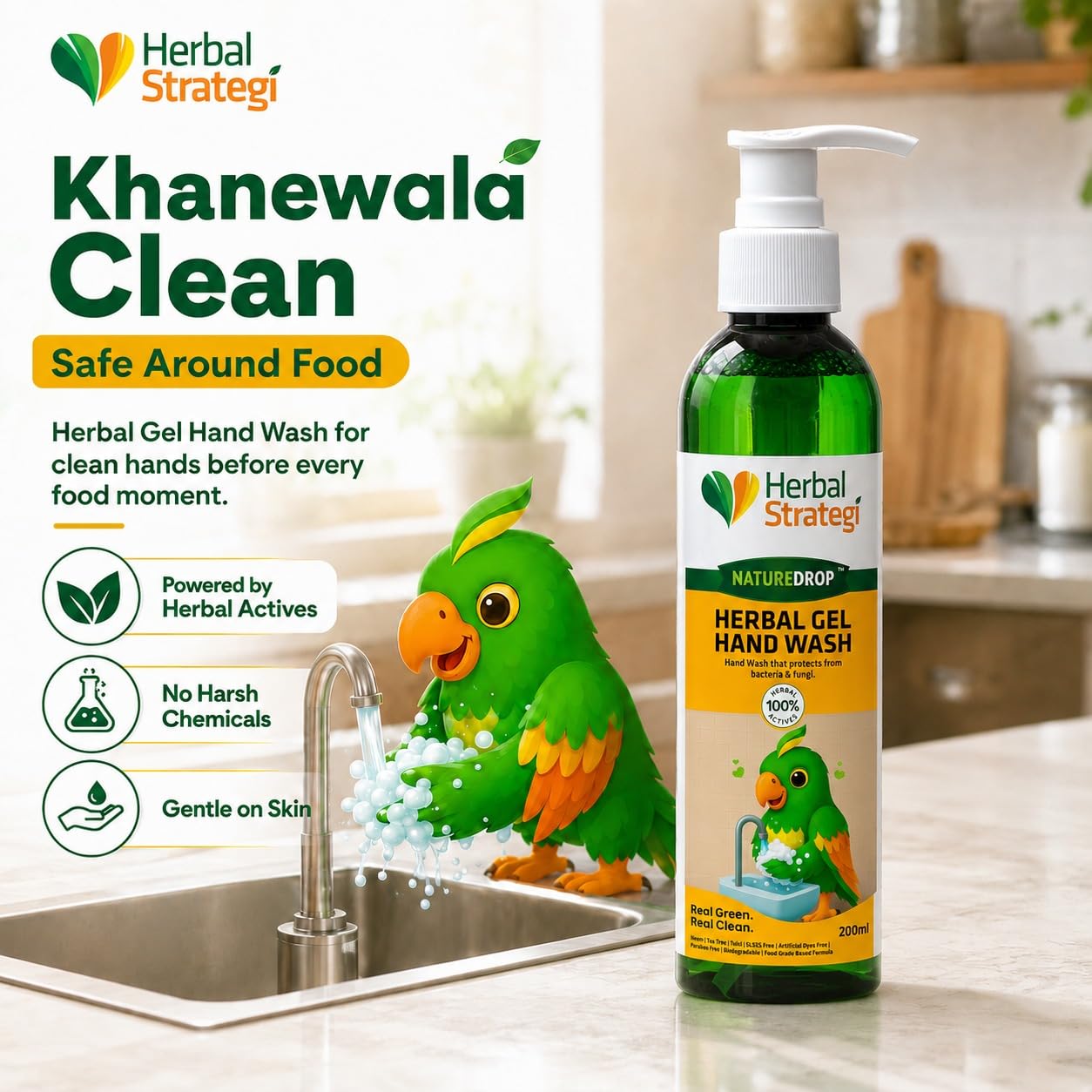 Herbal Strategi Natural Hand Wash 200ml β Khanewala Clean | pH Balanced & Moisturizing | Powered by Herbal Actives | Non-Toxic, Eco-Friendly & Chemical Free 1
