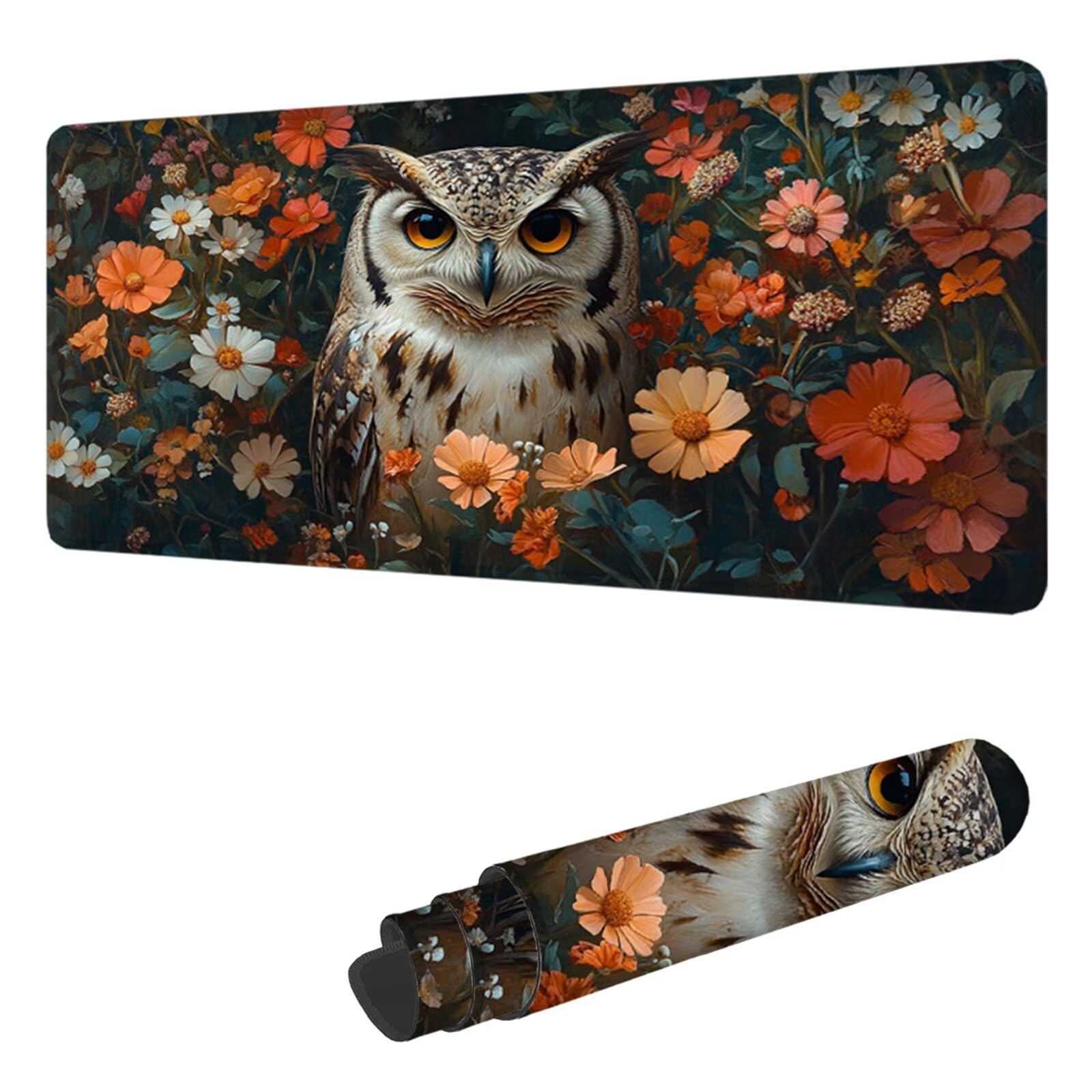 Podkładka pod mysz do gier w kwiaty XXL 1400 x 600 mm, podkładka pod mysz pod biurko sowa z antypoślizgową gumową podstawą, wodoodporna szyta krawędź, do pracy, gier, biura, domu, H-4418