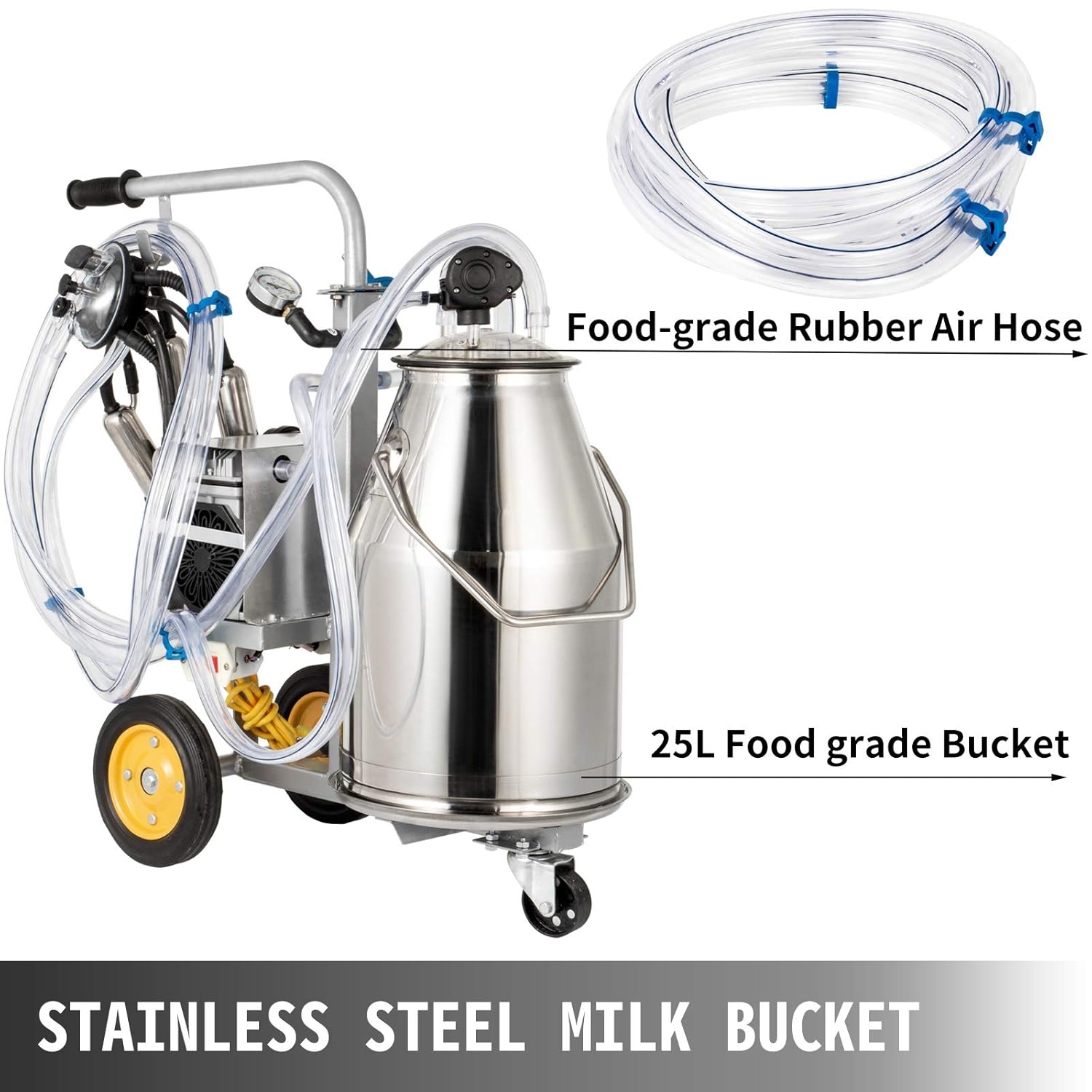 Limited Discount Happybuy Electric Milking Machine 25L,Milker Machine 5-8 Cows per Hour, 0.55KW 1680 RPM Milking Equipment with 25L 304 Stainless Steel Bucket Single Cow Milking Machine Bucket Milker for Cows and Goat