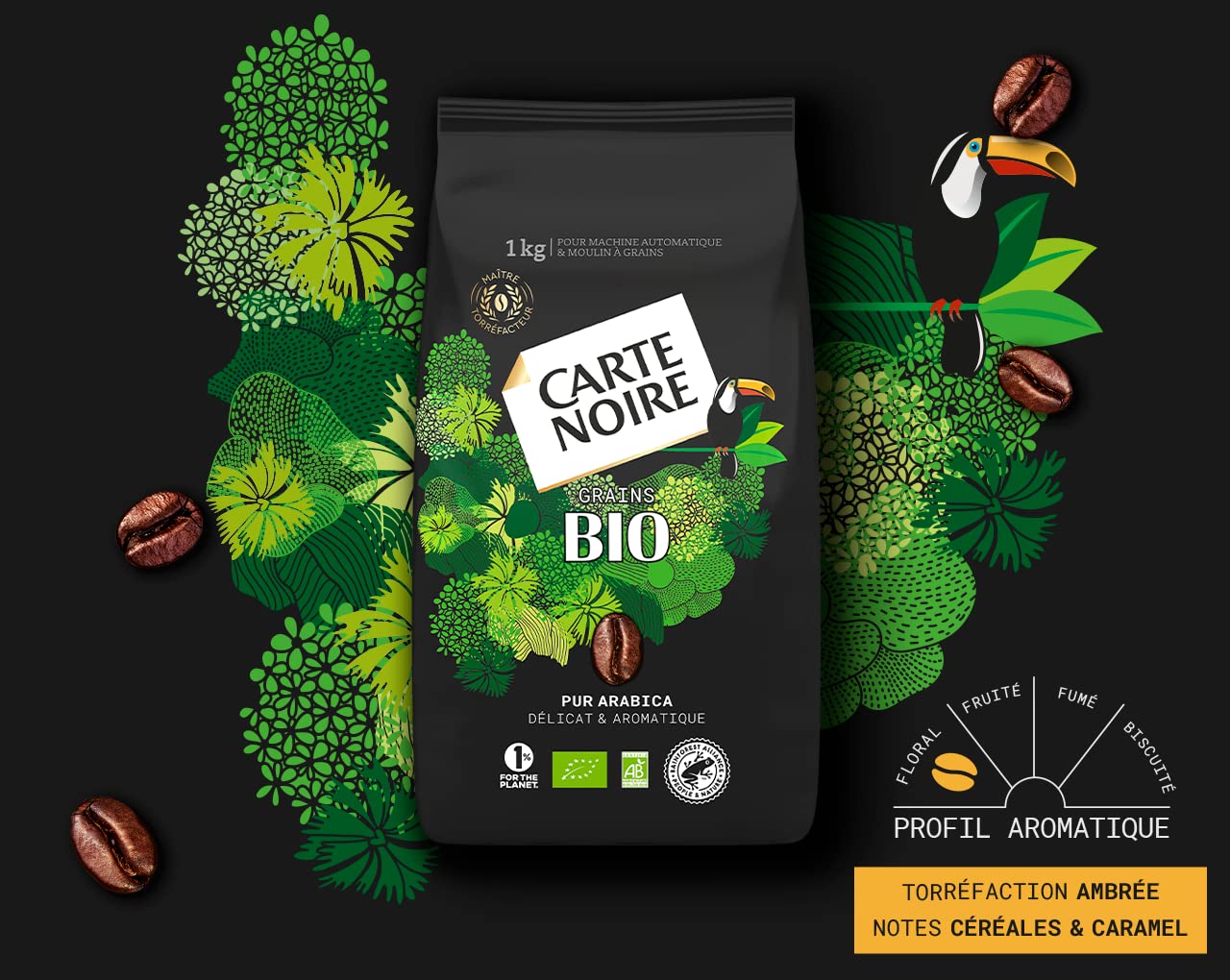 CARTE NOIRE - Café en Grain Espresso 100% Arabica et Bio - Origine Amérique Latine - 2 Paquets de 1 kg - Fabriqué en France