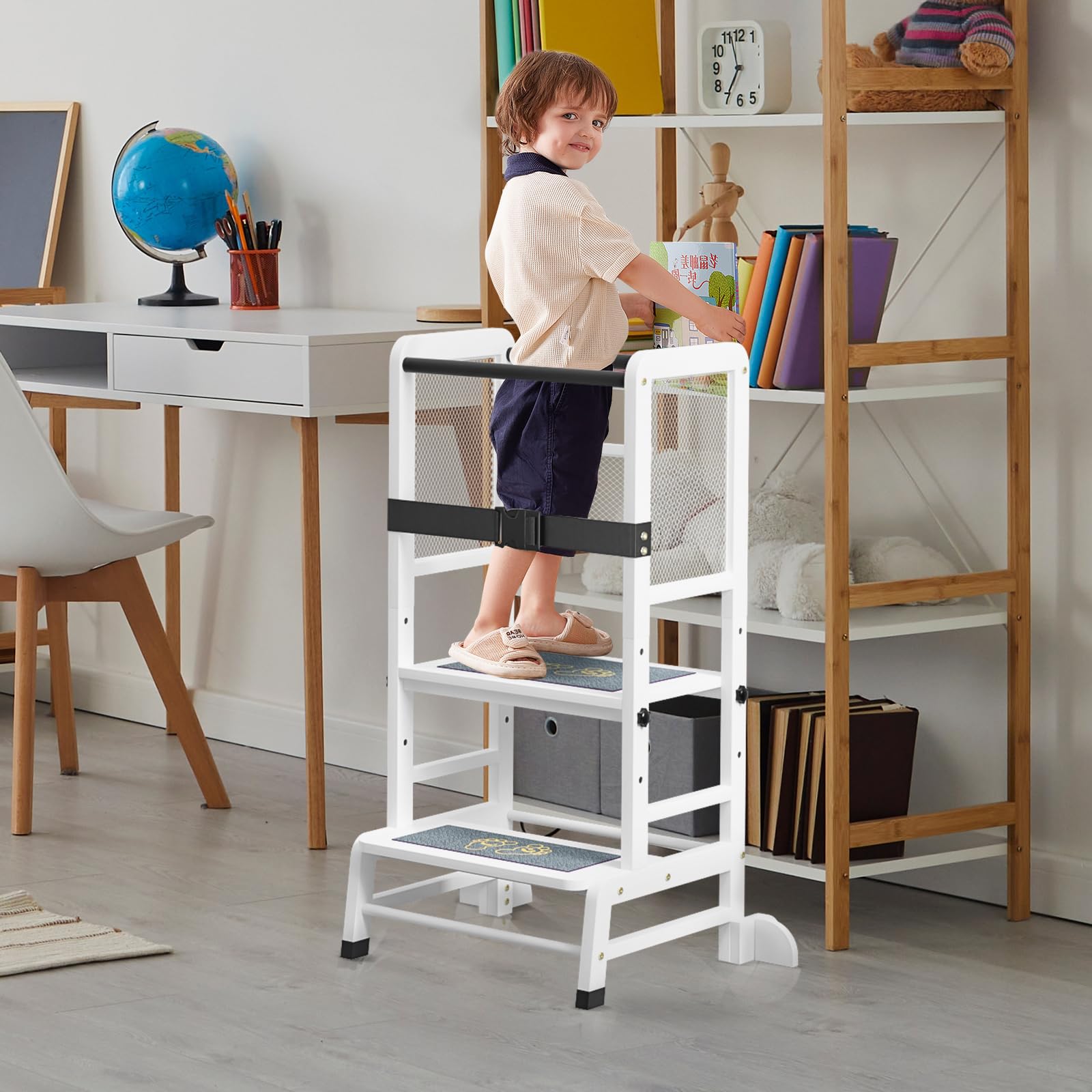 Learn N Explore, torre di apprendimento per bambini, in ferro, 3 livelli, sgabello regolabile in altezza, in legno, stabile e robusto, torre di apprendimento Montessori a partire da 1 anno