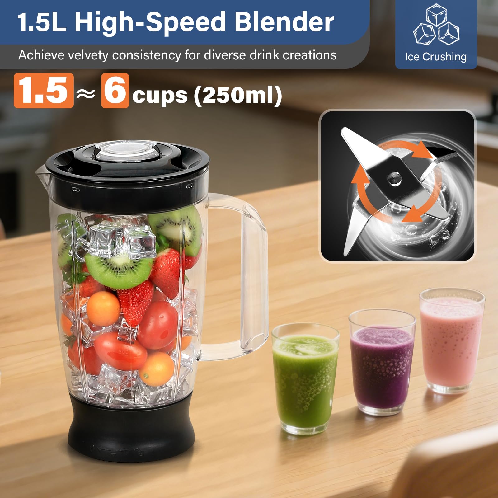 SNDOAS Küchenmaschine, 1100W Multifunktional Food Processor, 3,2 L Rührschüssel Teig Kneten, Küchenmaschine Zerkleinerer, 1,5 L mixer, Mahlwerk, Dunkelblau