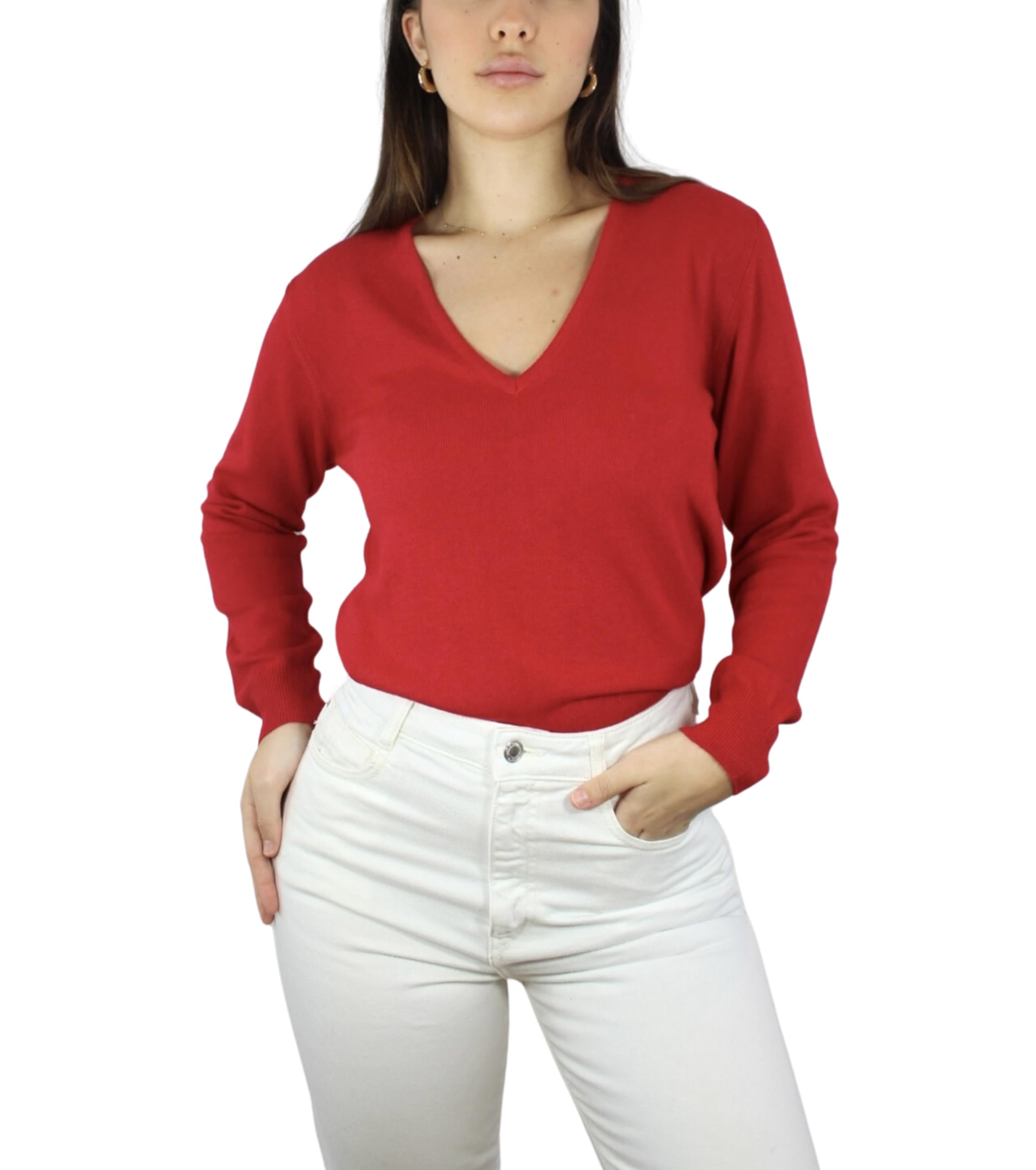 Win's Women's Cashmere V-Neck Sweater, Made in Italy, Red, XXL