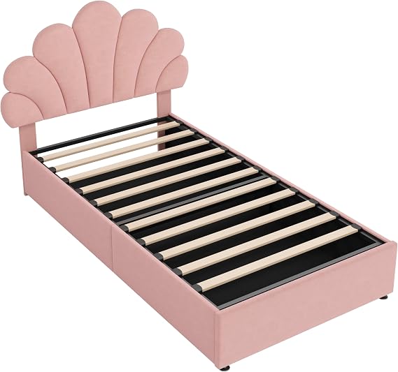 Miyemo Single Bed Frame with Storage, 3ft Upholstered Ottoman Bed Frame with Adjustable Headboard & Hydraulic, No Box Spring Needed, Velvet, 90x190cm, Pink, (No Mattress)