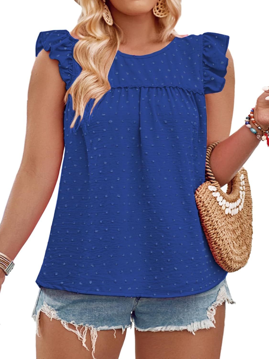 VISLILY Womens-Plus-Size-Summer-Tank-Tops Ruffle Cap Sleeveless T Shirts Crewneck Swiss Dot Blouses Pleated Casual Tee - Image 2