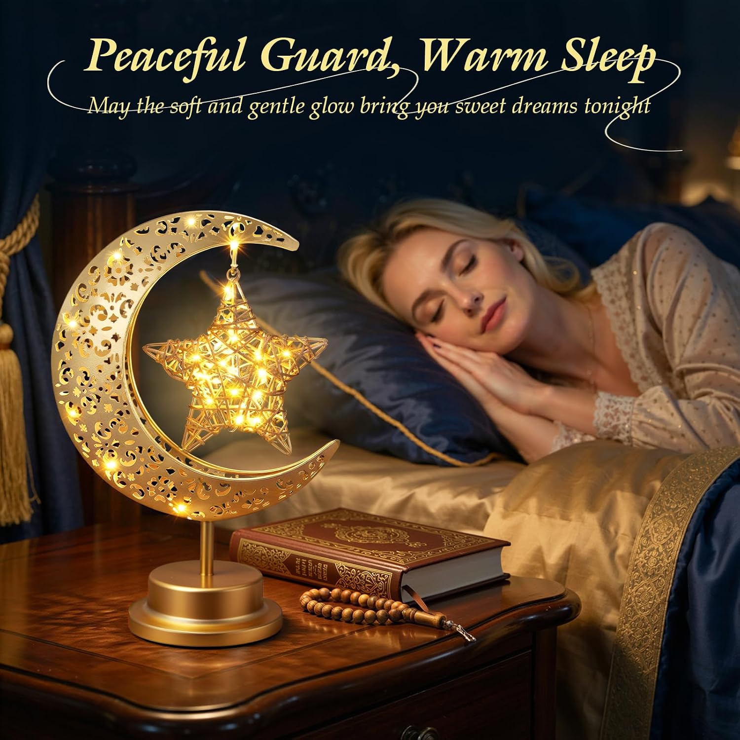 Luxspire Ramadan Moon Lamp, Crescent Moon & Star Ramadan Lights Decorations for Home, Eid Mubarak Decor Battery Powered Ramadan Lanterns, Moroccan Table Lamp Gift for Bedroom Nightstand,VineMoon+Star
