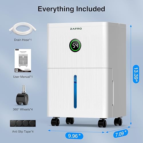 Miniatura 9 de ZAFRO Deshumidificadores para el hogar y el sótano con manguera de drenaje, ultra silencioso de 41 dB, ahorro de energía máximo de 21 pintas,