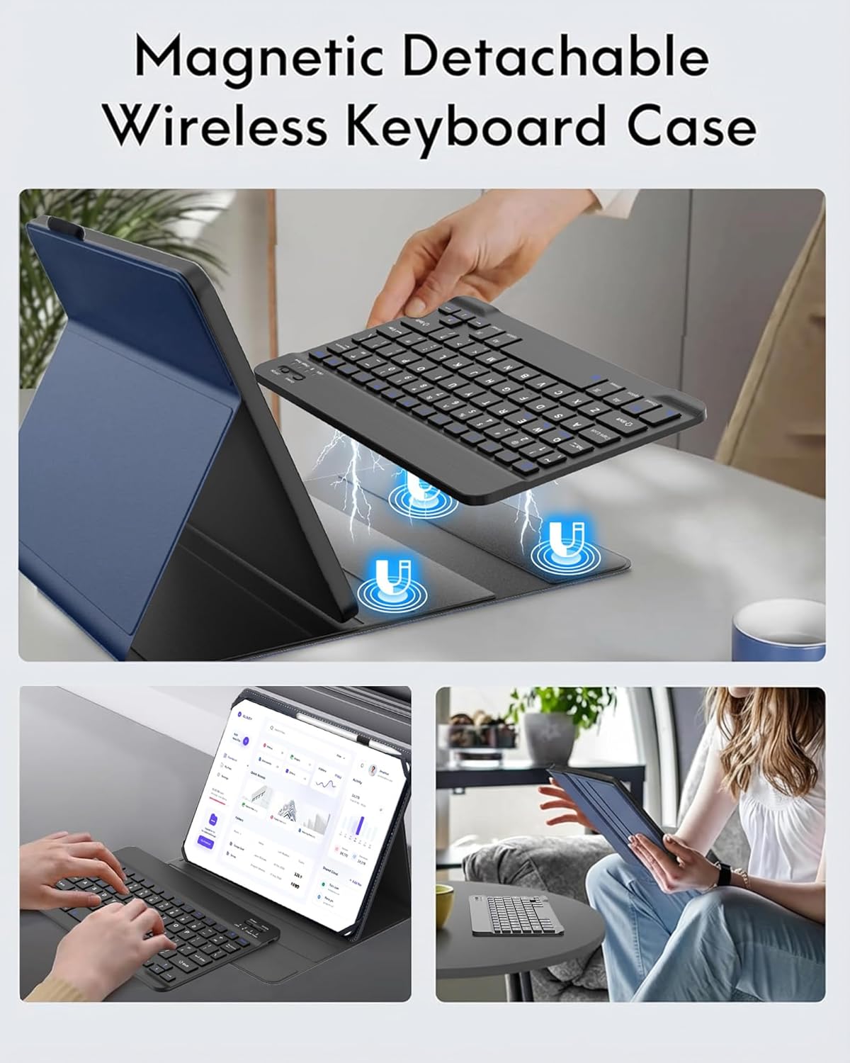 Universal Tablet Keyboard Case for 9",9.7",10.1",10.2",10.5",10.9",11" Tablets, Rechargeable Wireless Bluetooth Keyboard, Smart Folio Leather Cover with Stretch Strap for Android/iOS/Windows Tablet