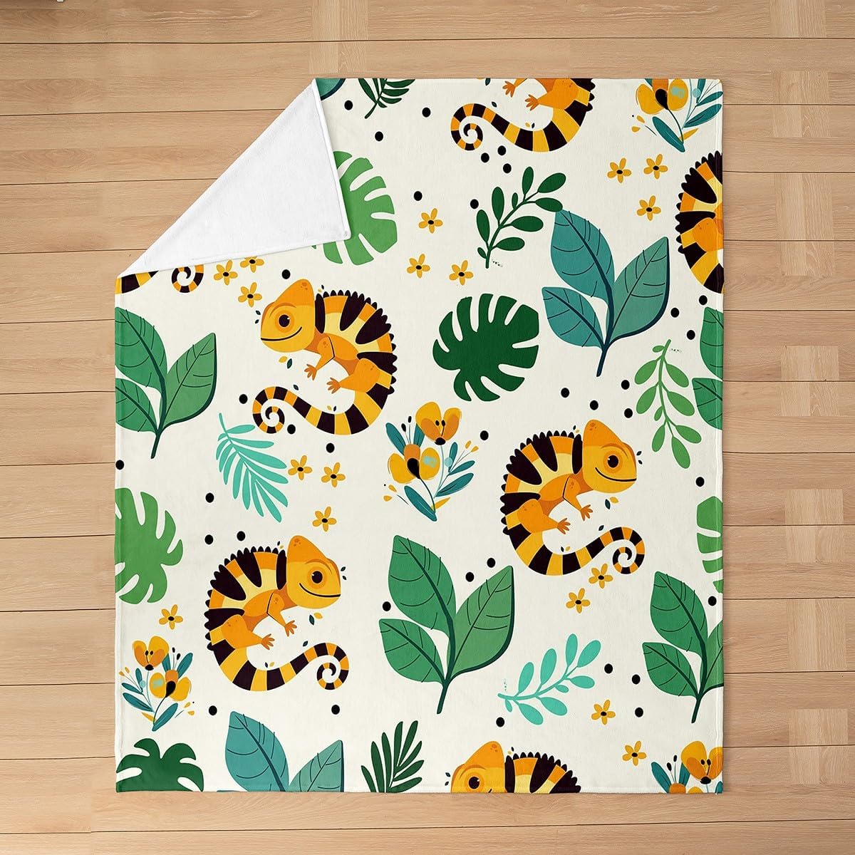 Cartoon Lizard Kids Flannel Blanket,Tropical Palm Botanical Plants Bed Blanket for Boys Girls,Wild Reptile Animal Rustic Fleece Blanket,Green Yellow Fuzzy Blanket,Queen Size (90 x 90 Inches)