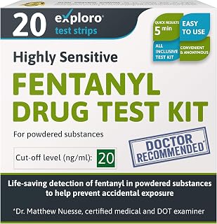 Exploro Fentanyl Test Kit for Powdered Substances – 20ng/mL Sensitivity – All-Inclusive Kit with Measuring Spoon & Container - Easy Use, Individually Sealed Test Strips (Pack of 20)