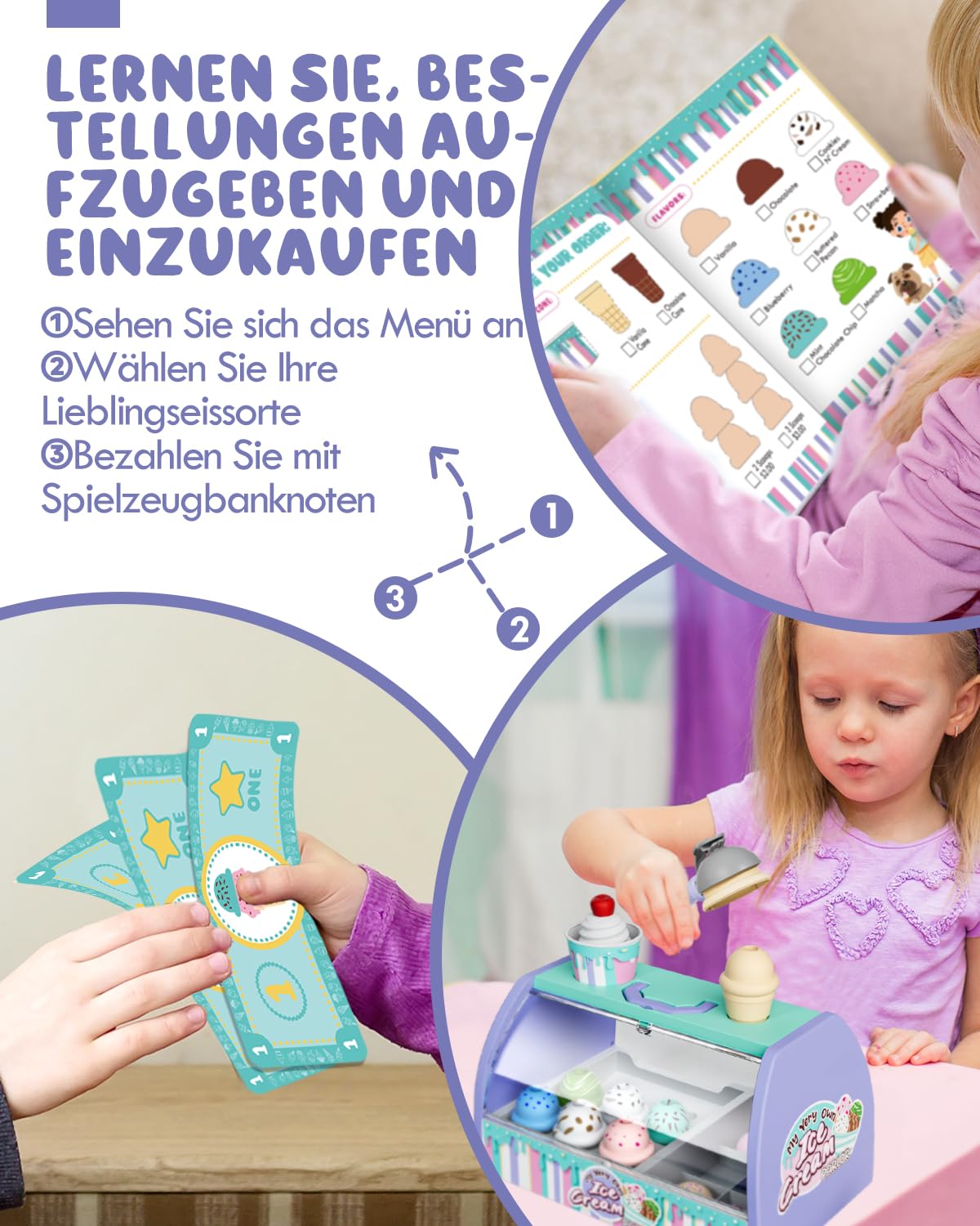 Lehoo Castle Eisdiele Kinder, Spielzeug ab 3 Jahre, Kaufladen Zubehör, Kaufmannsladen Zubehör, Eisladen, Kinderküche Zubehör, Mädchen Geschenke 3 Jahre (Lila)