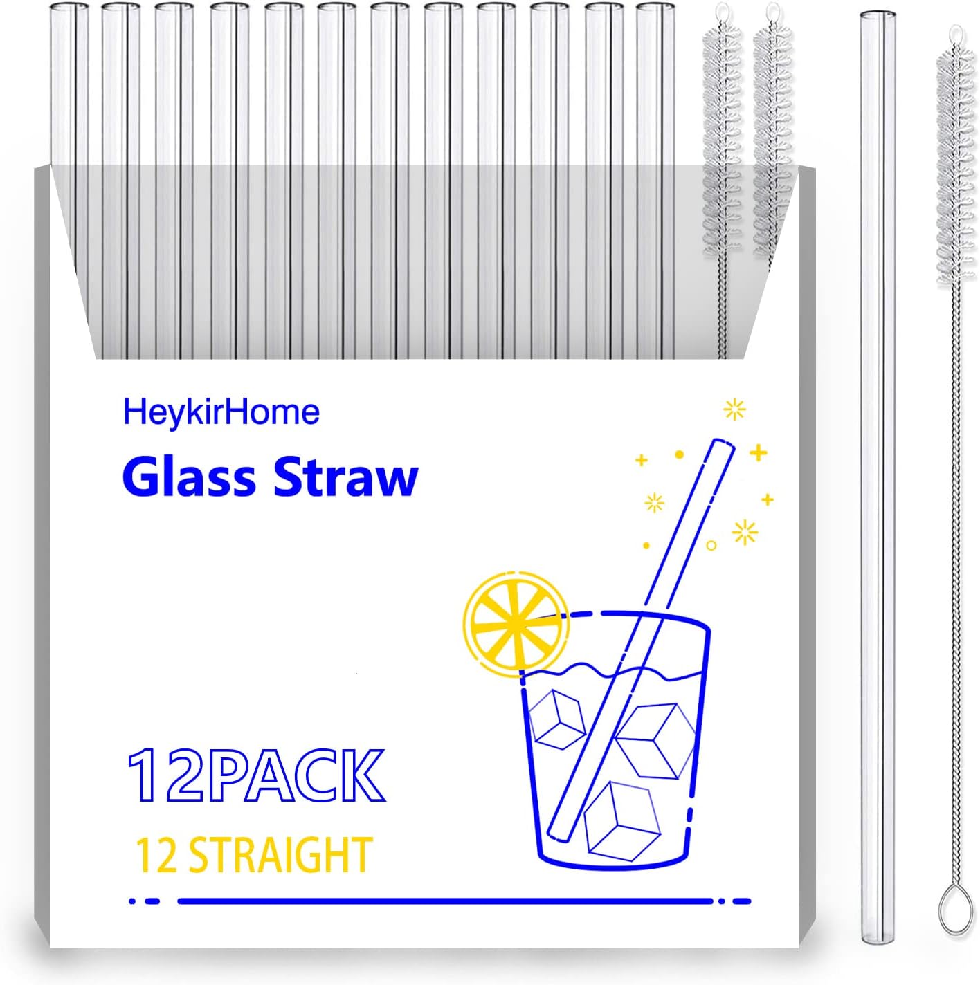 12-Pack Reusable Glass Straw,Size 8''x10 MM,Including12 Straight with 2 Cleaning Brush- Perfect For Smoothies, Tea, Juice
