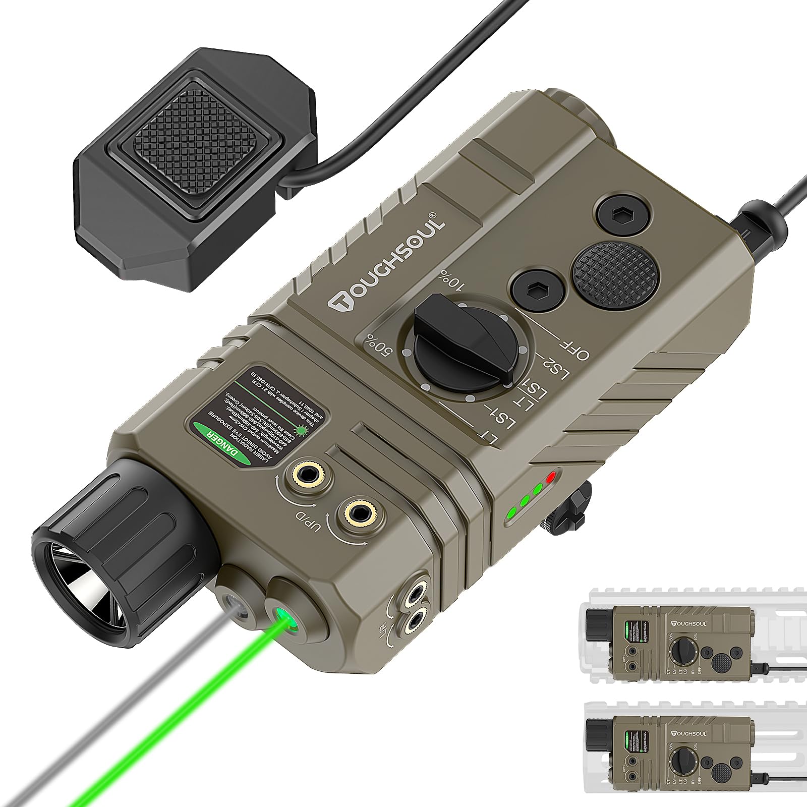 TOUGHSOUL Mlok and Picatinny Mounted Tactical Flashlight Green Laser Infrared(IR) Laser 3 in 1 Combo, 1600 Lumen Light with Remote Pressure Switch for Rifle