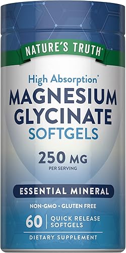 Nature's Truth Cápsulas blandas de glicinato de magnesio | 250 mg | 60 píldoras | Alta absorción | Suplemento sin OMG y sin gluten