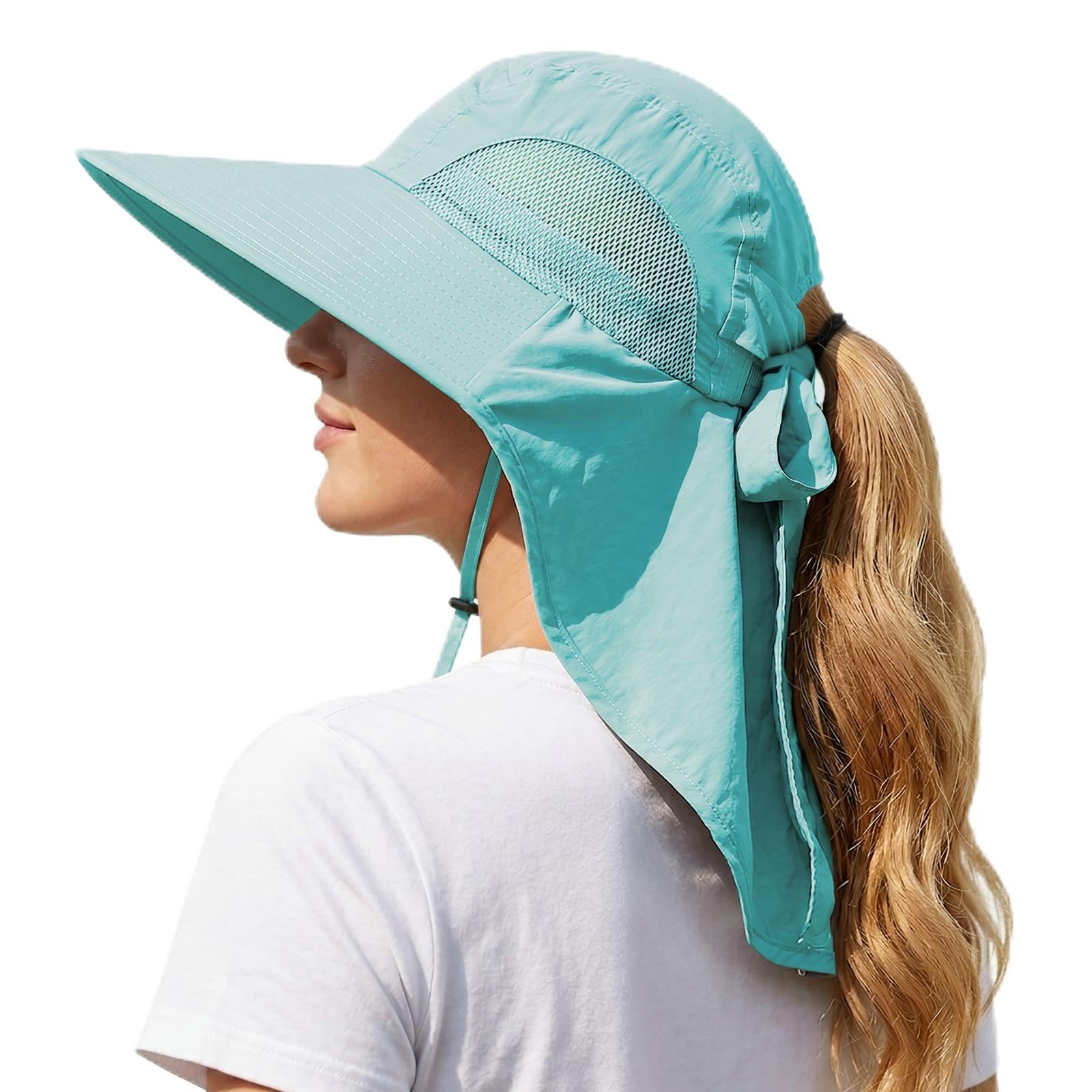 DRESHOW Outdoor Wide Brim Sun Hat with Neck Flap for Women UPF 50+ Foldable Adjustable Breathable Mesh UV Protection Beach Fishing Hats with Ponytail Hole