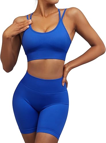 Miniatura 2 de OMKAGI Conjuntos de entrenamiento para mujer brasier deportivo sin costuras con tirantes y levantamiento de glúteos pantalones cortos de