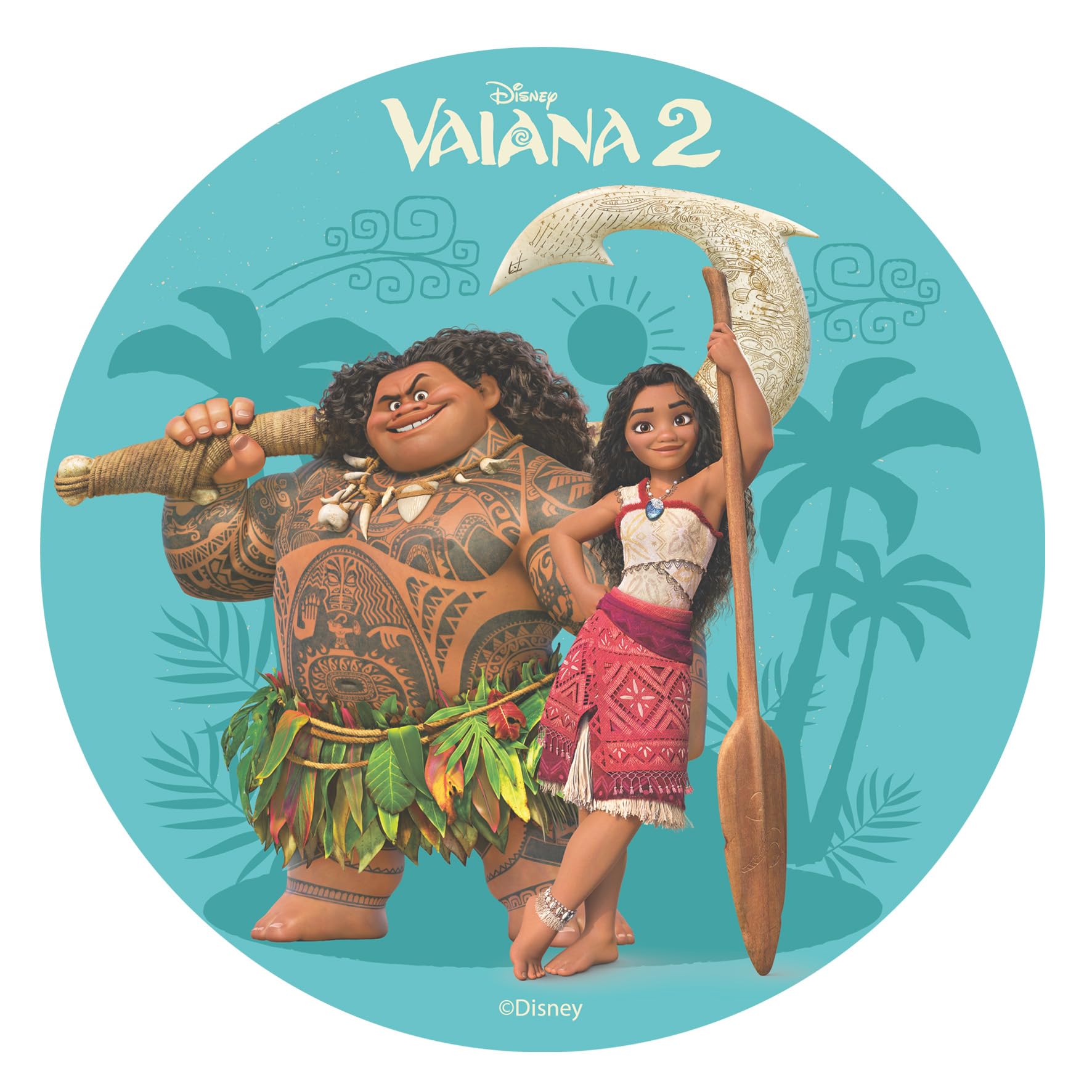 Dekora, Moana 2 Edible Cake Topper, Decoration for Childrens Birthday Cake, Moana & Maui Icing Cake Topper, Round Wafer Disc 20 CM
