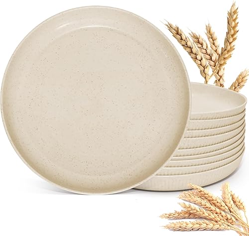 SHECIPIN Juego de 12 platos de paja de trigo, platos de plástico de 9 pulgadas, platos ligeros de paja de trigo, para niños y adultos, platos de