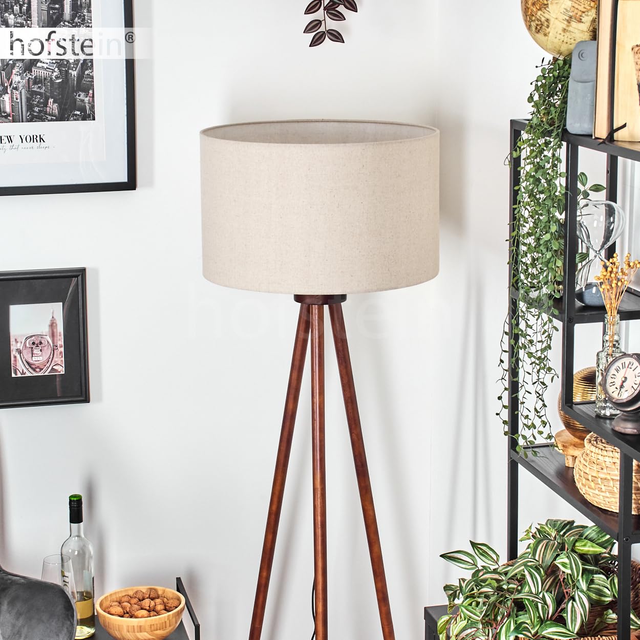Stehleuchte Flemming, Stehlampe aus Holz/Stoff in Dunkelbraun/Beige/Weiß, Leuchte im skandinavischen Design mit rundem Schirm (Ø 50 cm) u. Fußschalter, Höhe 155 cm, 1 x E27, ohne Leuchtmittel