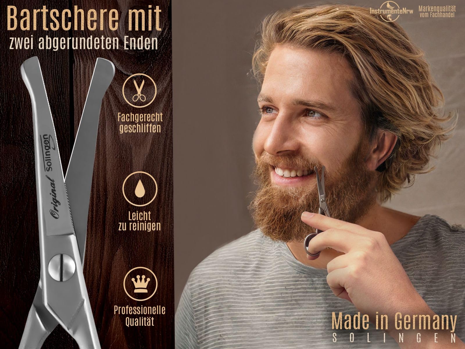 Bartschere aus Solingen mit gebogener Schnittfläche Haarschere Nasenhaarschere Made in Germany Schnurrbart Schere mit einseitiger Mikroverzahnung aus Rostfreiem Edelstahl für die perfekte Bartpflege