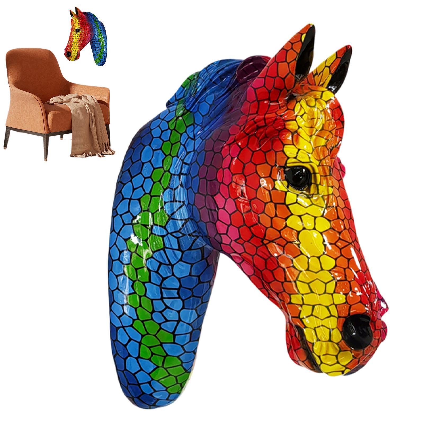 Decoración de pared con cabeza de caballo de resina simulada - Adorno colgante de cabeza de caballo colorido | Escultura de pared de resina para salón, dormitorio, oficina, regalo artístico para amant