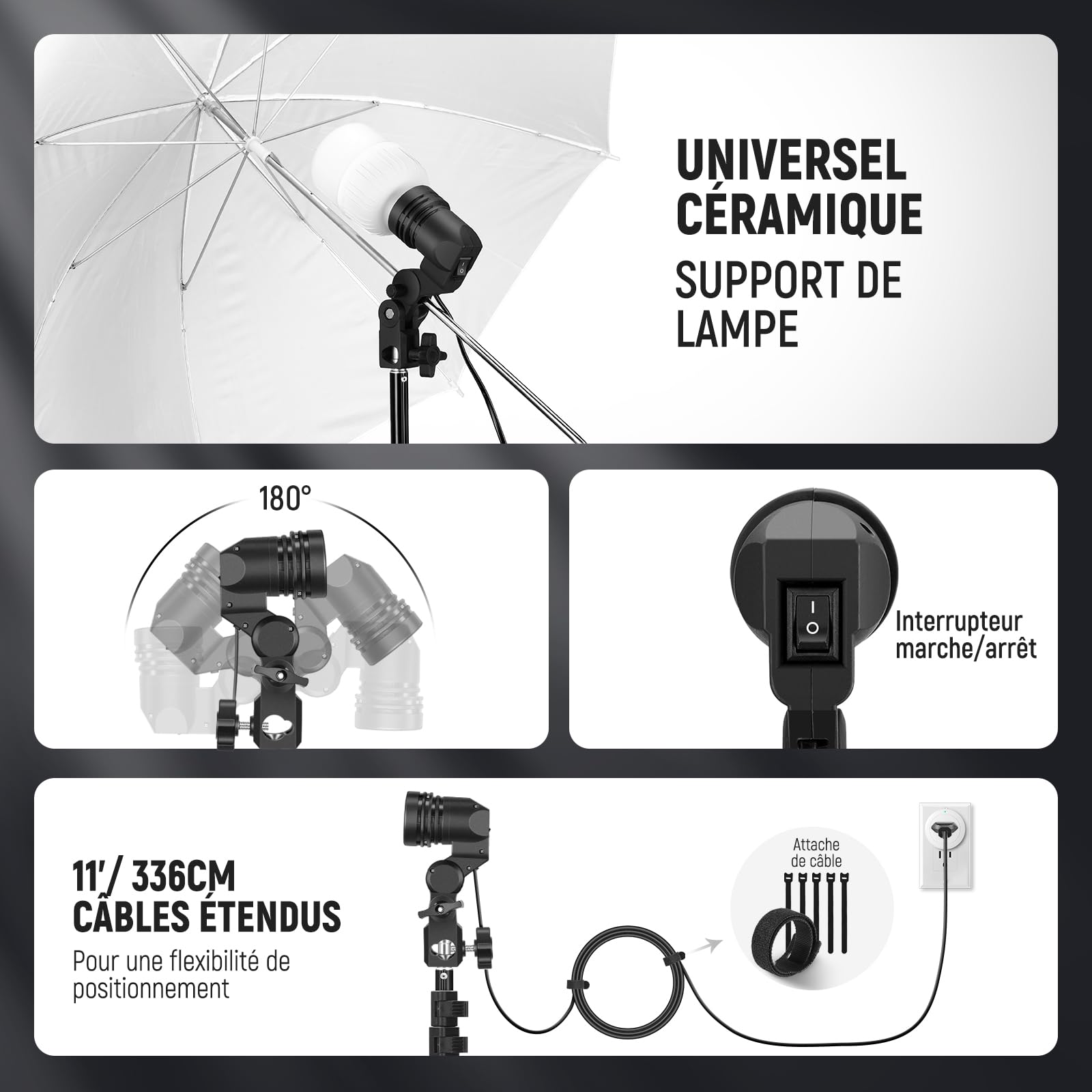 NEEWER Kit d'Éclairage pour la Photographie 600W, Équivalent Incandescent avec 2 Parapluie Blanc, 2 Parapluie Noir, 3 Ampoule LED 24W, 3 Support de lumière, 2 Sac, 5 Attache câbles, 3 Socle E27,NK500