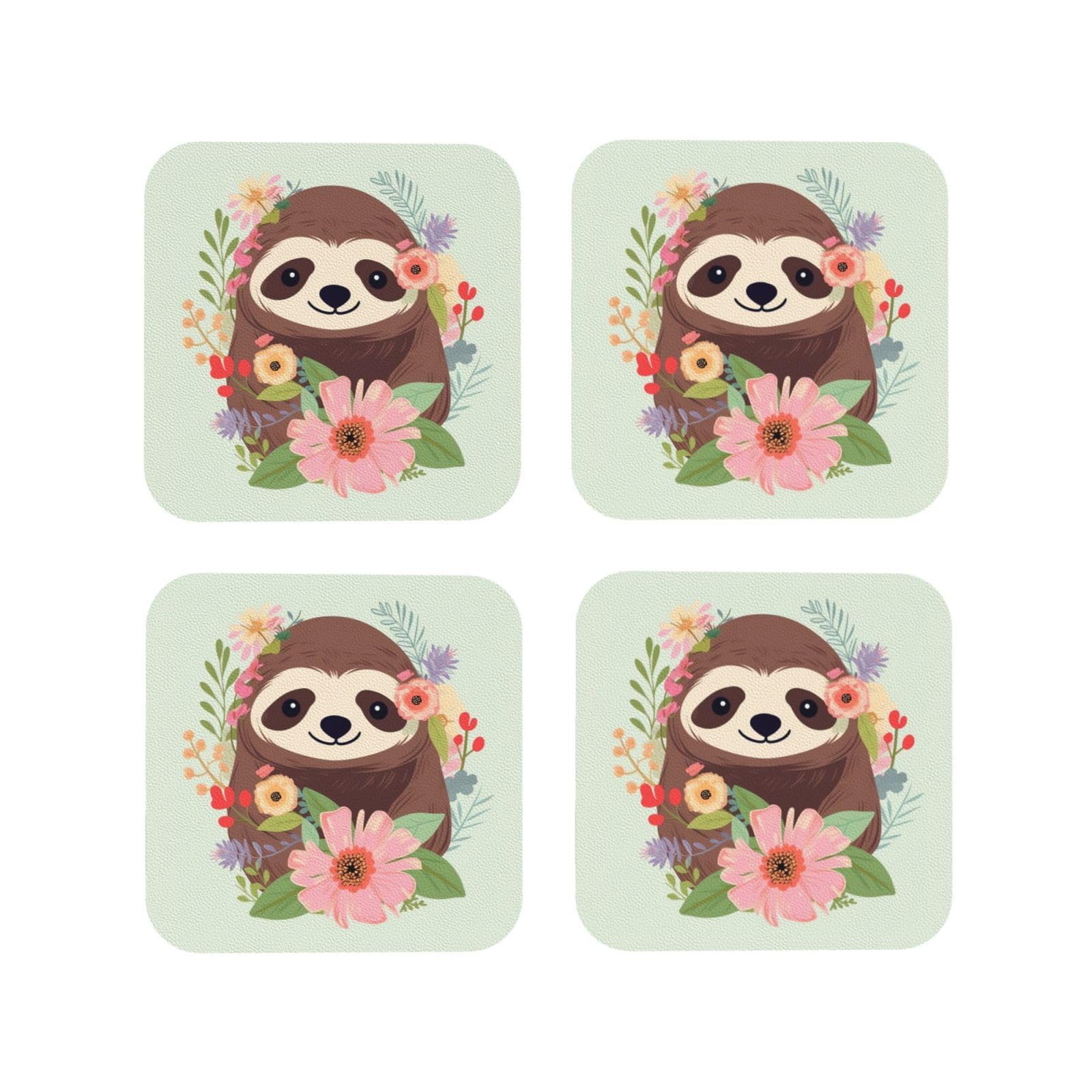 4Pcs PU Leather Coaster for Drinks, Sloth and Flowers Cup Coastersr 4" Cup Mat Pad, Aesthetic Drink Coasters for Coffee Table, Square Coaster for Tabletop Protection