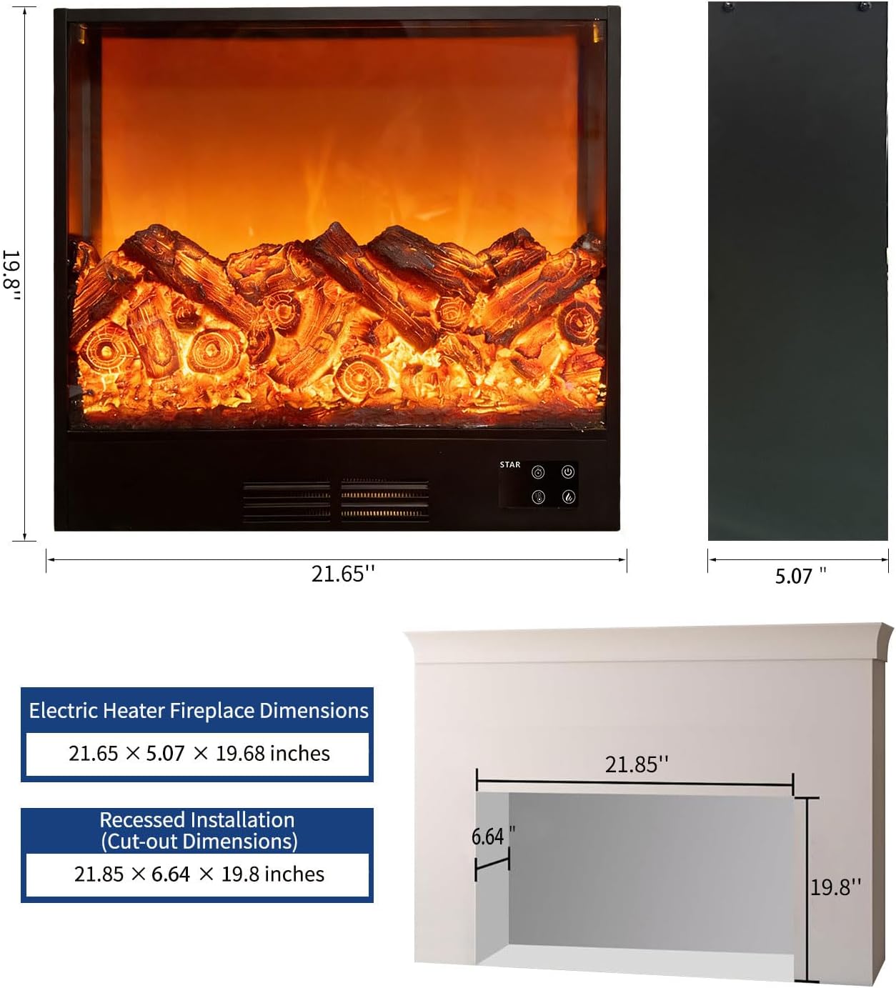 21 Electric Fireplace Insert, Fireplace Heater with Remote Control, Realistic Flame & 5-Level Dynamic Brightness, Overheat Protection, Supports Scheduled Shutdown and Heating Level Adjustment, 1500W