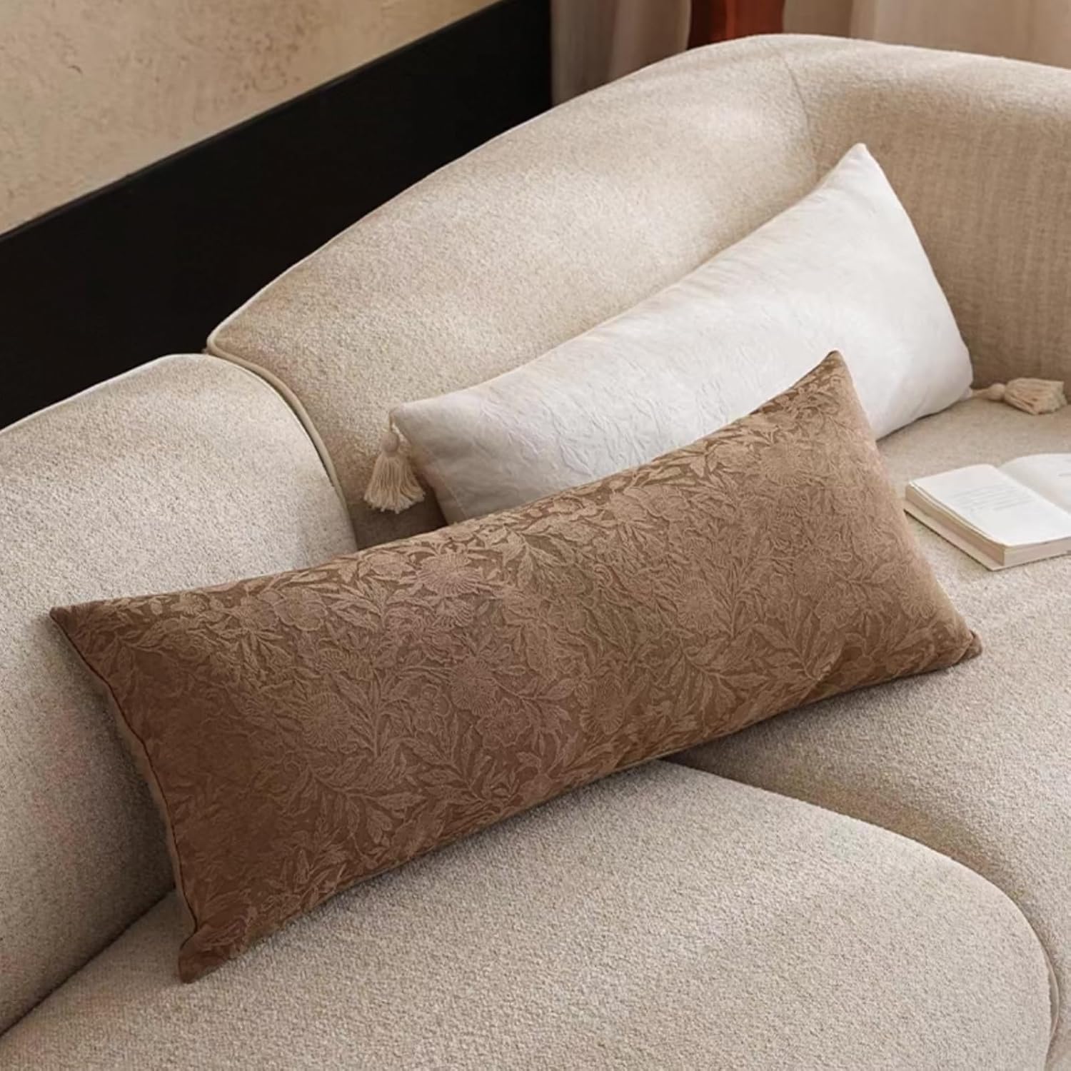 Brown Rose Chenille Long Lumbar Throw Pillow Cover 14x36 Inch, Boho Throw Pillow Cover, Fall Pillow Covers, Fall Decor for Bed Car Sofa Farmhouse Livingroom, 1 Pack