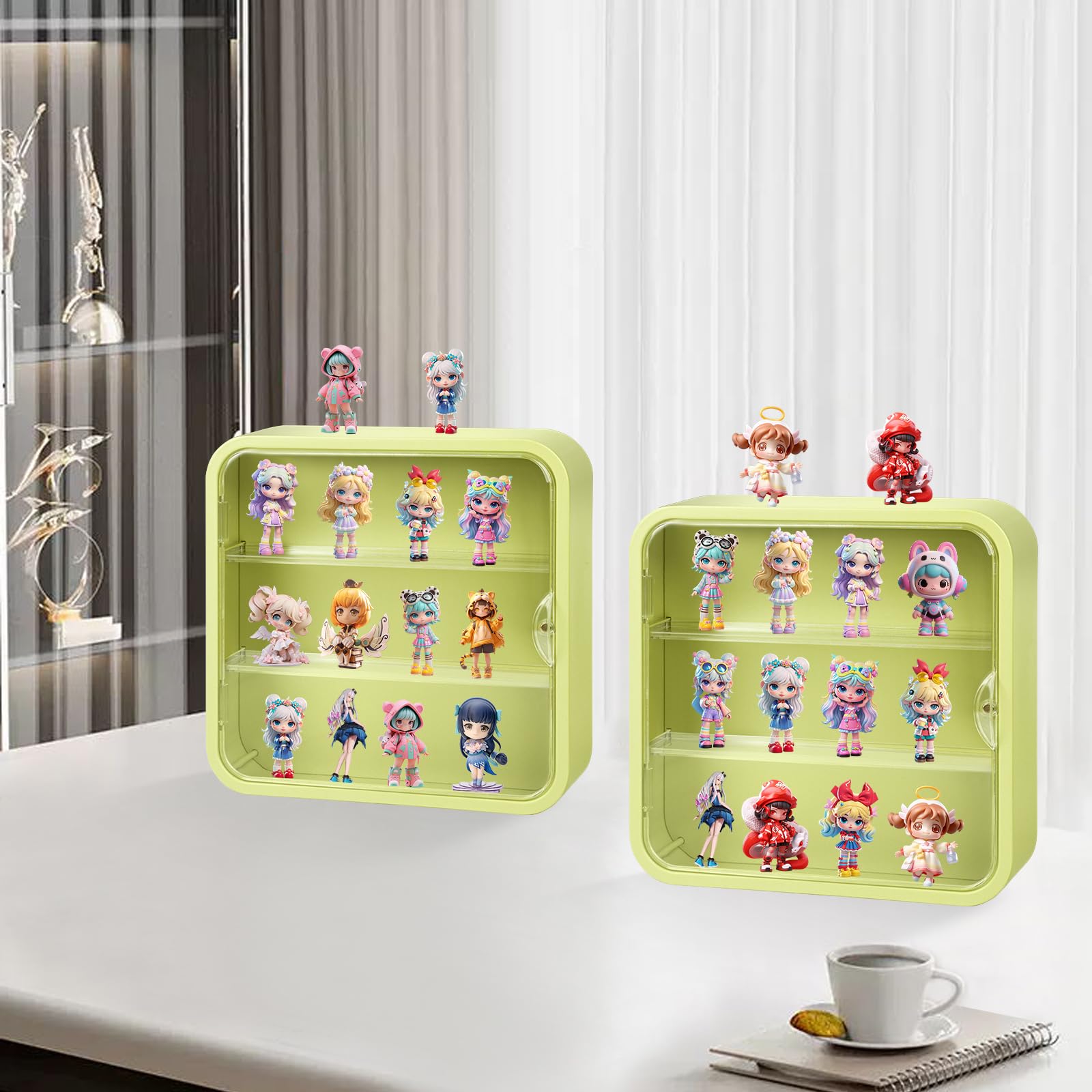 Vitrine für Figuren, 3 Ebenen Wandmontierte Puppen-Vitrine mit magnetischer Tür und Regal, klare staubdichte Vitrinen für Sammlerstücke, Figuren Sonny Angels Pop Mart, Grün