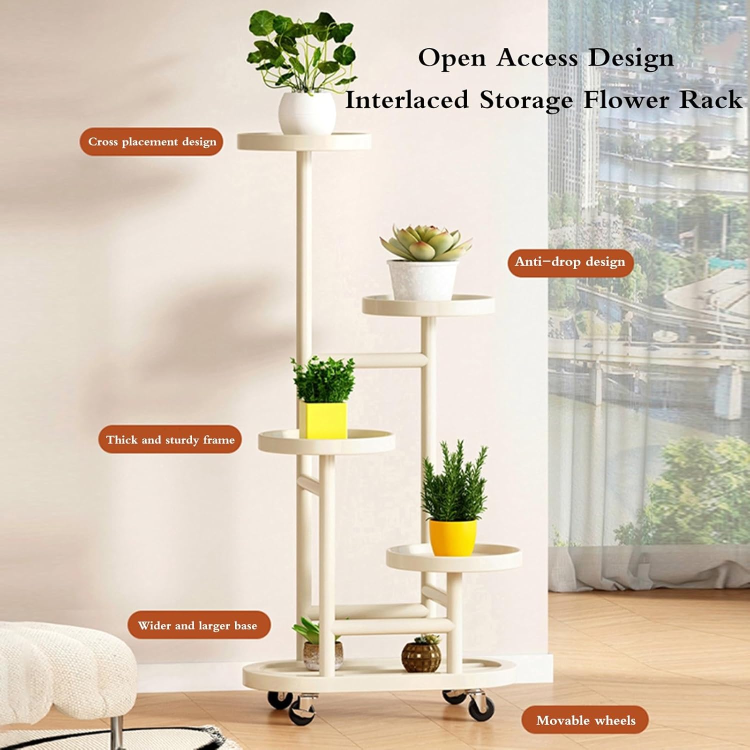Plant-Racks Floor Standing Plant Stand for Living Room - Mobile Multi-Layer Flower Pot Holder with Wheels, Garden Display Shelf for Balcony Patio Home Decor(Gold)
