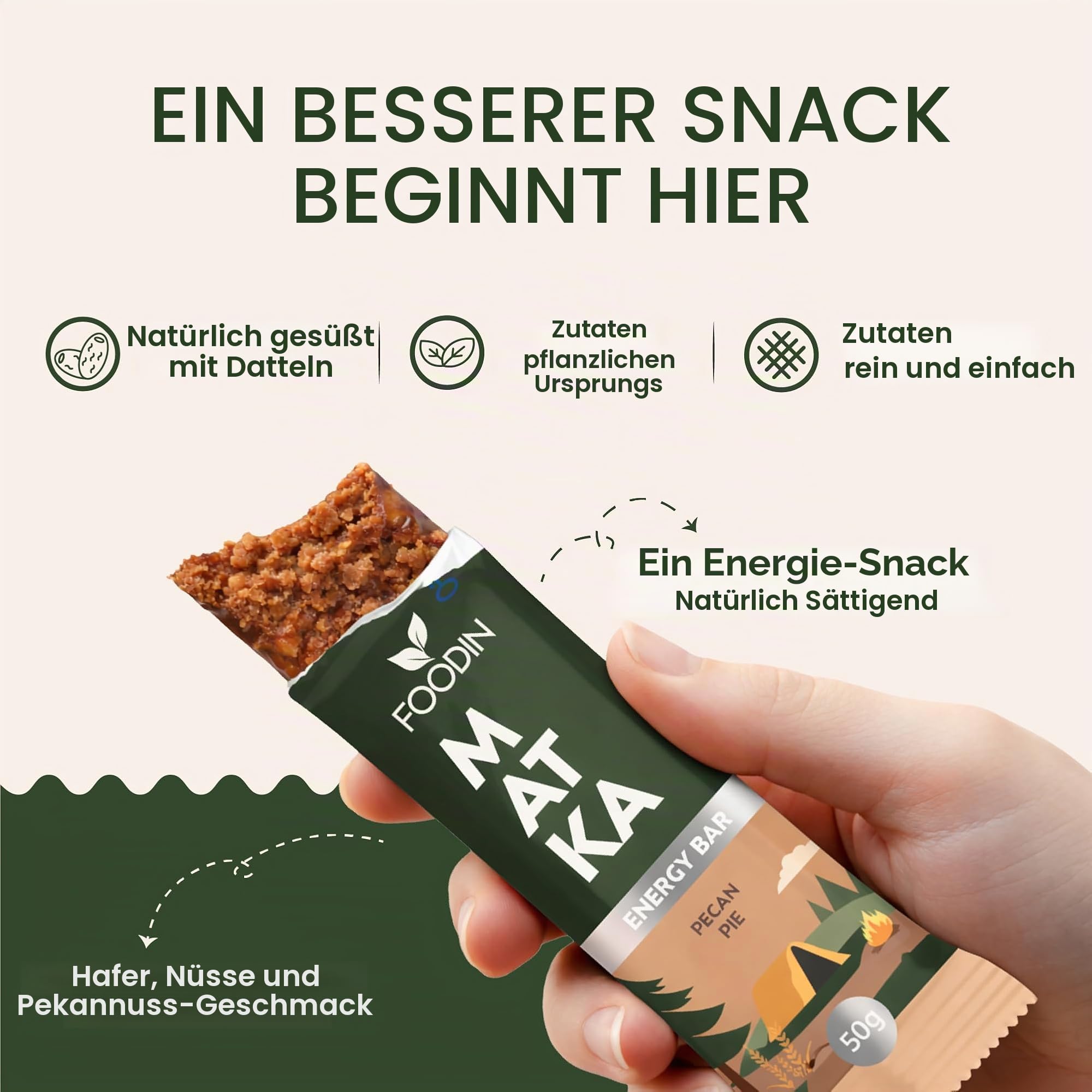 FOODIN MATKA Energieriegel Pekannusskuchen – 12 x 50 g – Glutenfreie Haferflocken & Pekannüsse – Ohne Zuckerzusatz & Palmöl – Gesunder Snack für Arbeit, Schule & unterwegs