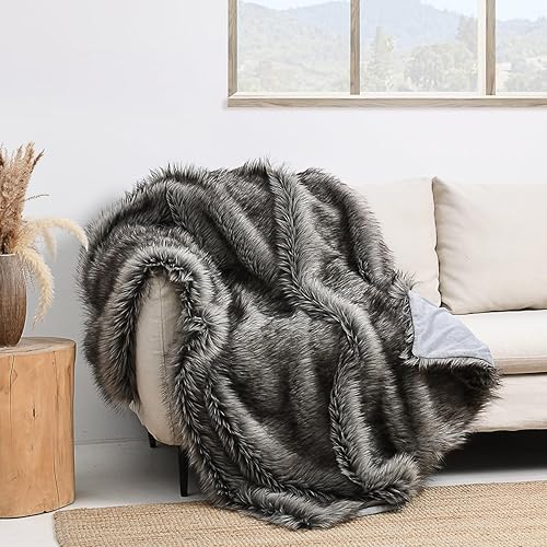 HORIMOTE HOME Luxury Plush Faux Fur Throw Blanket, Long Pile Grey with Black Tipped Blanket, Super Warm, Fuzzy, Elegant, Fluffy Decoration Blanket for Couch, Armchair, Sofa and Bed, 50''x 60''