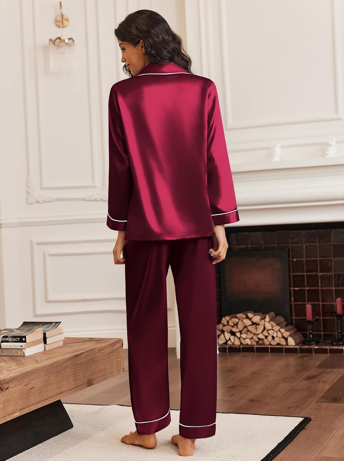 Ekouaer Silk Satin Pajama Set for Womens Button Up Long Sleeve Pjs Sleepwear Soft 2 Piece Loungewear S-XXL - Image 5