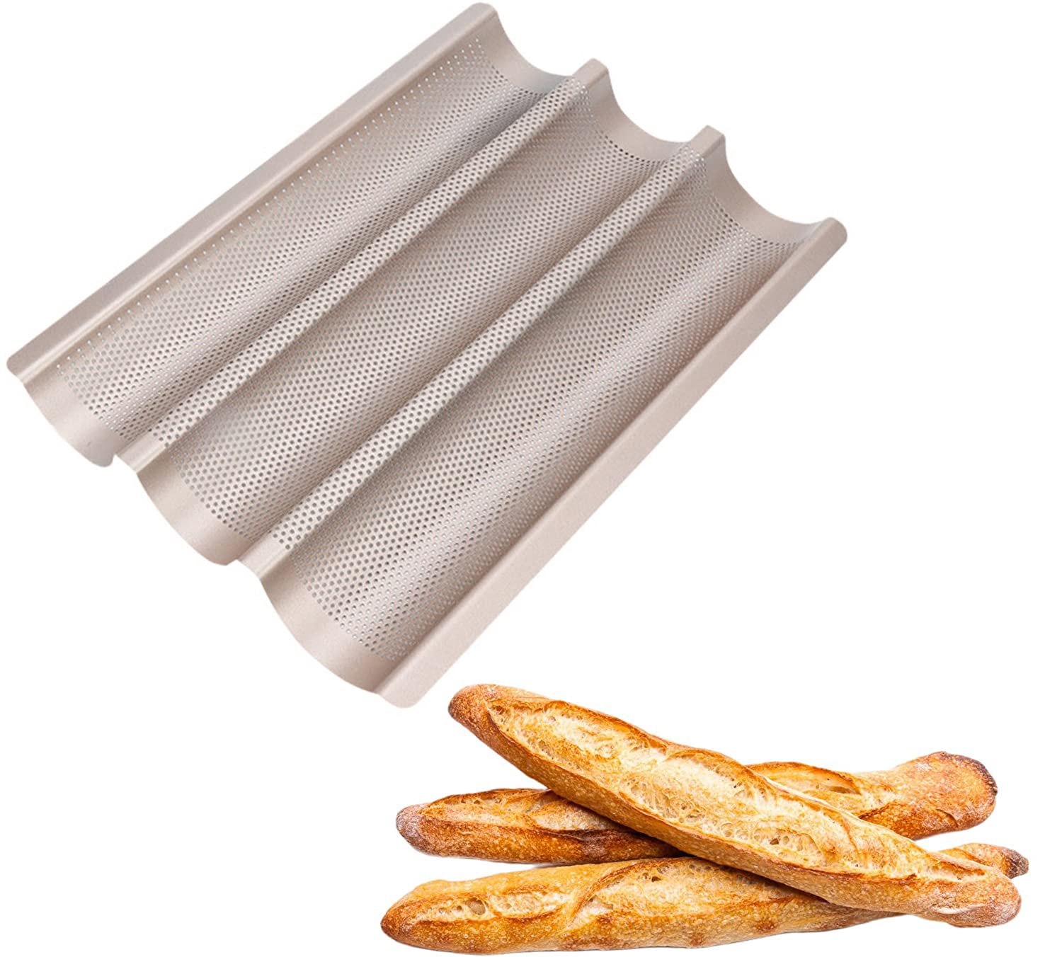 SYOSI Baguette Pans for Baking, Carbon Steel 3 Loaf Nonstick Baguette Baking Tray for French & Italian Perforated French Bread Pan Non-Stick Carbon Steel Baguette Baking Pan Tray