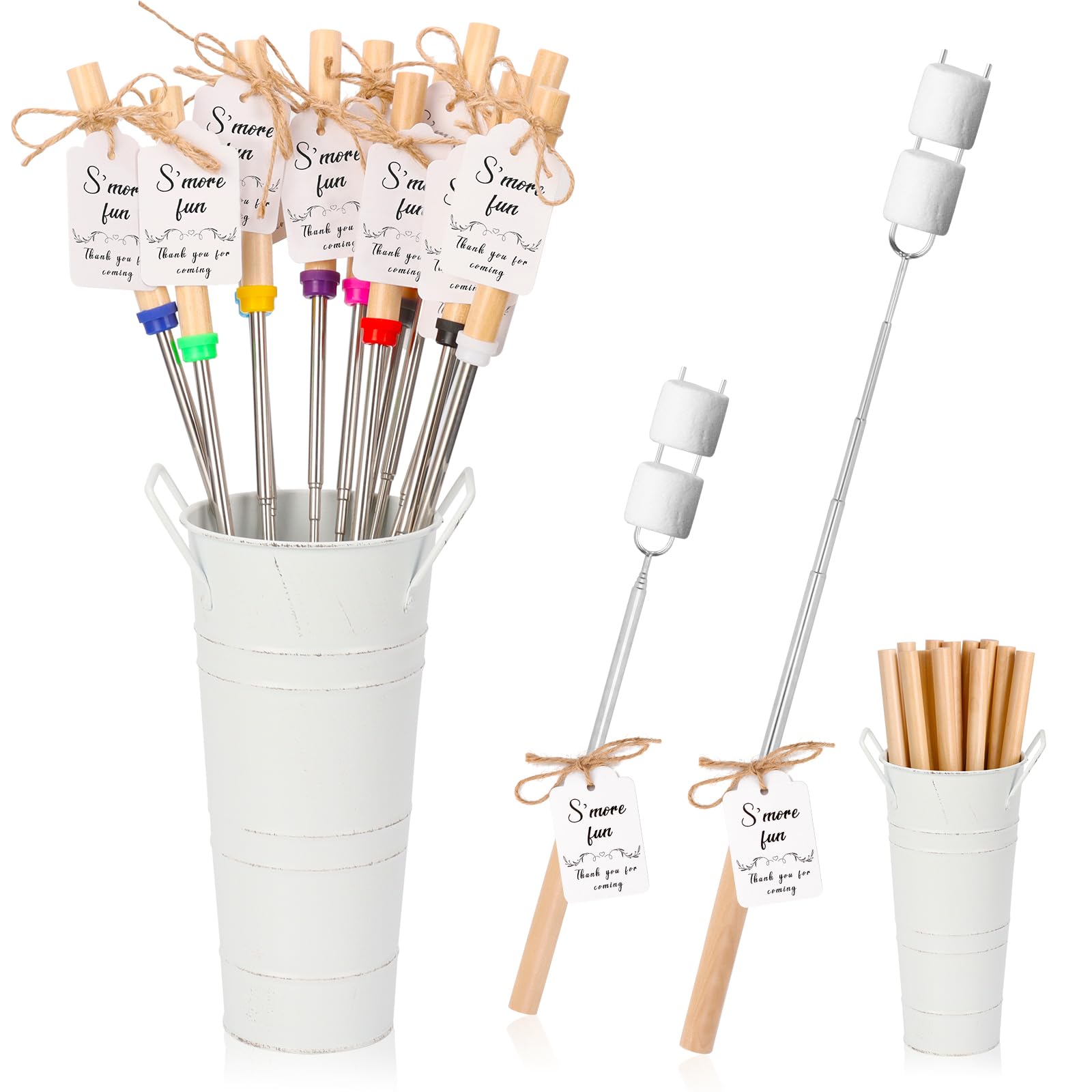 12 Pcs Marshmallow Roasting Sticks with White Metal Bucket Extendable Smore Skewers Long 32' Hot Dog Sticks Barbecue Forks 20 Smores Party Favors Tags with String for Fire Pit Outdoor Campfire Camping